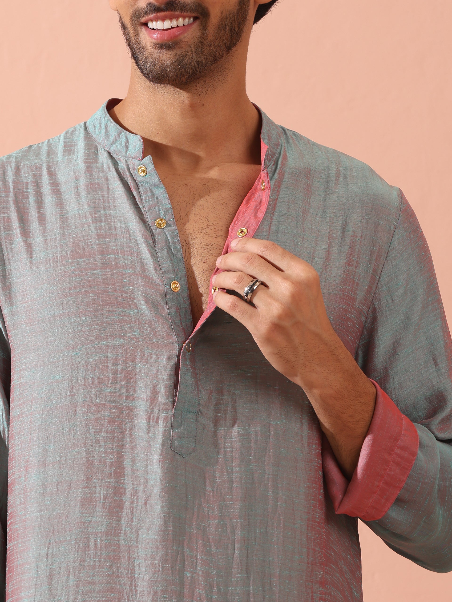 Reversable Pink Blue Satin Kurta with Snaps