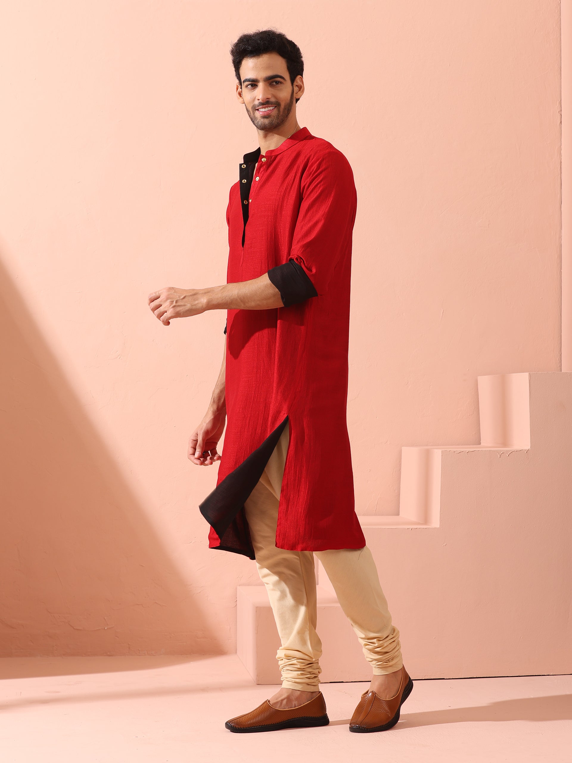 Reversable Connoisseur Red Black Kurta With Snaps