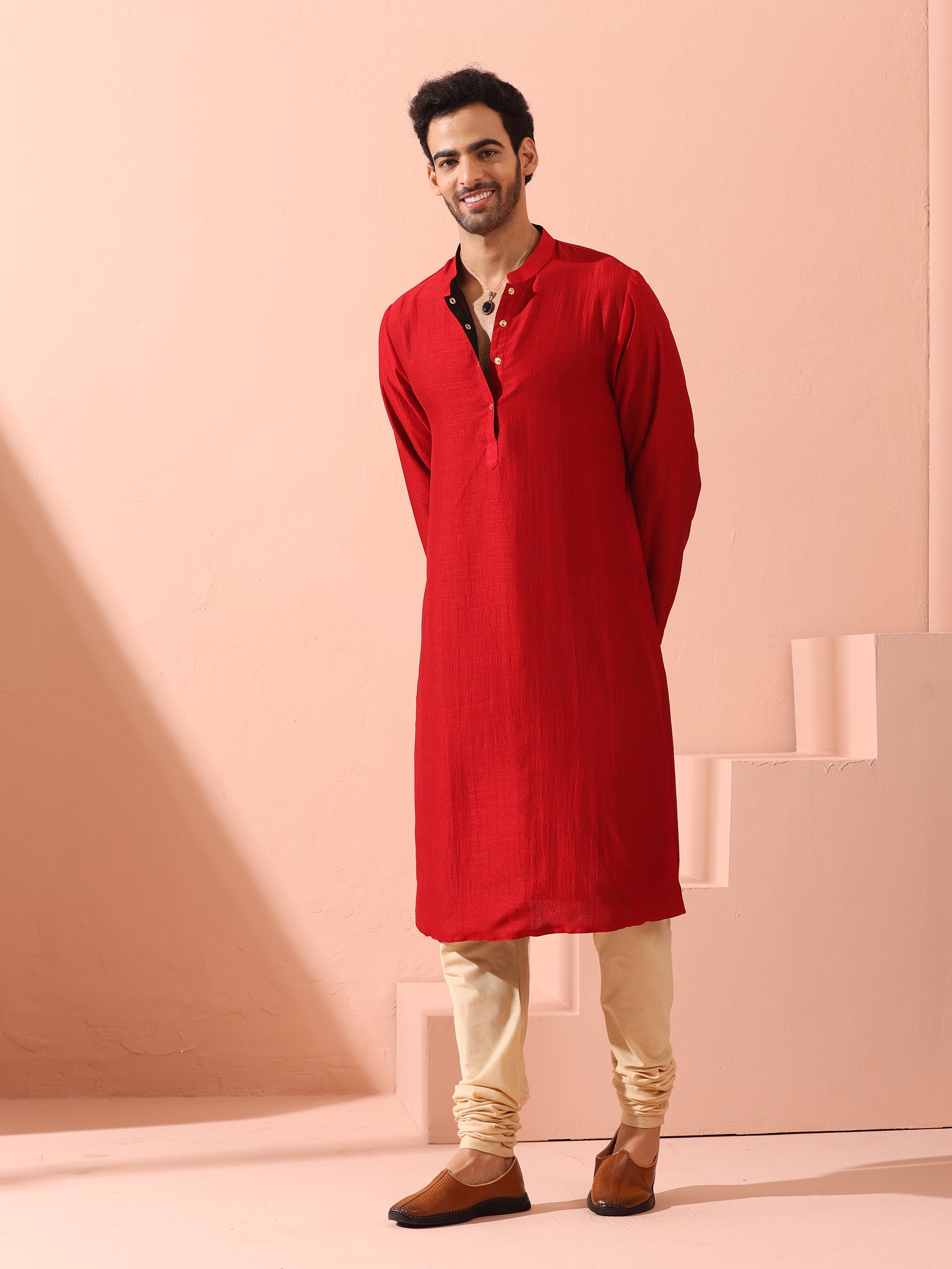 Reversable Connoisseur Red Black Kurta With Snaps