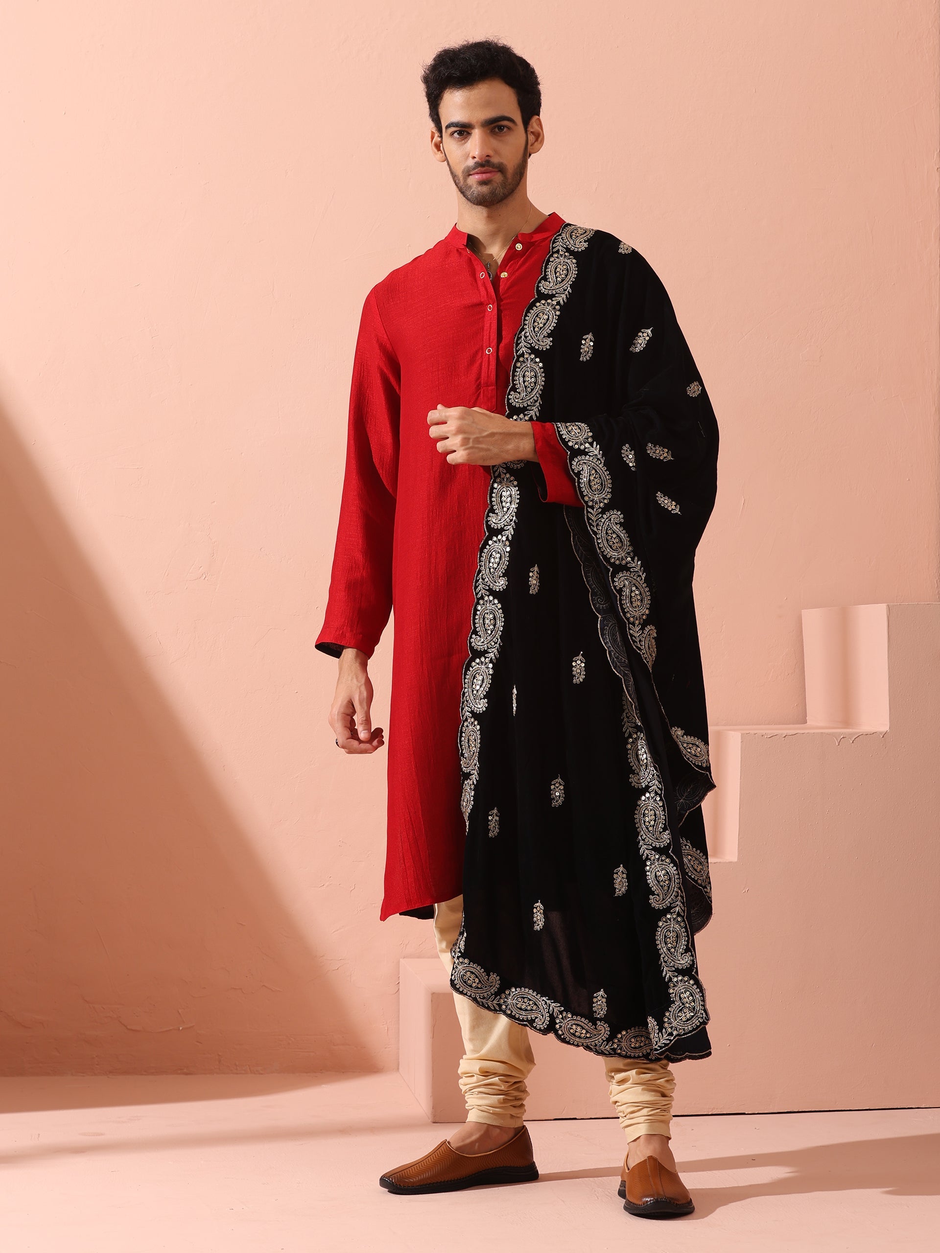 Reversable Connoisseur Red Black Kurta With Snaps