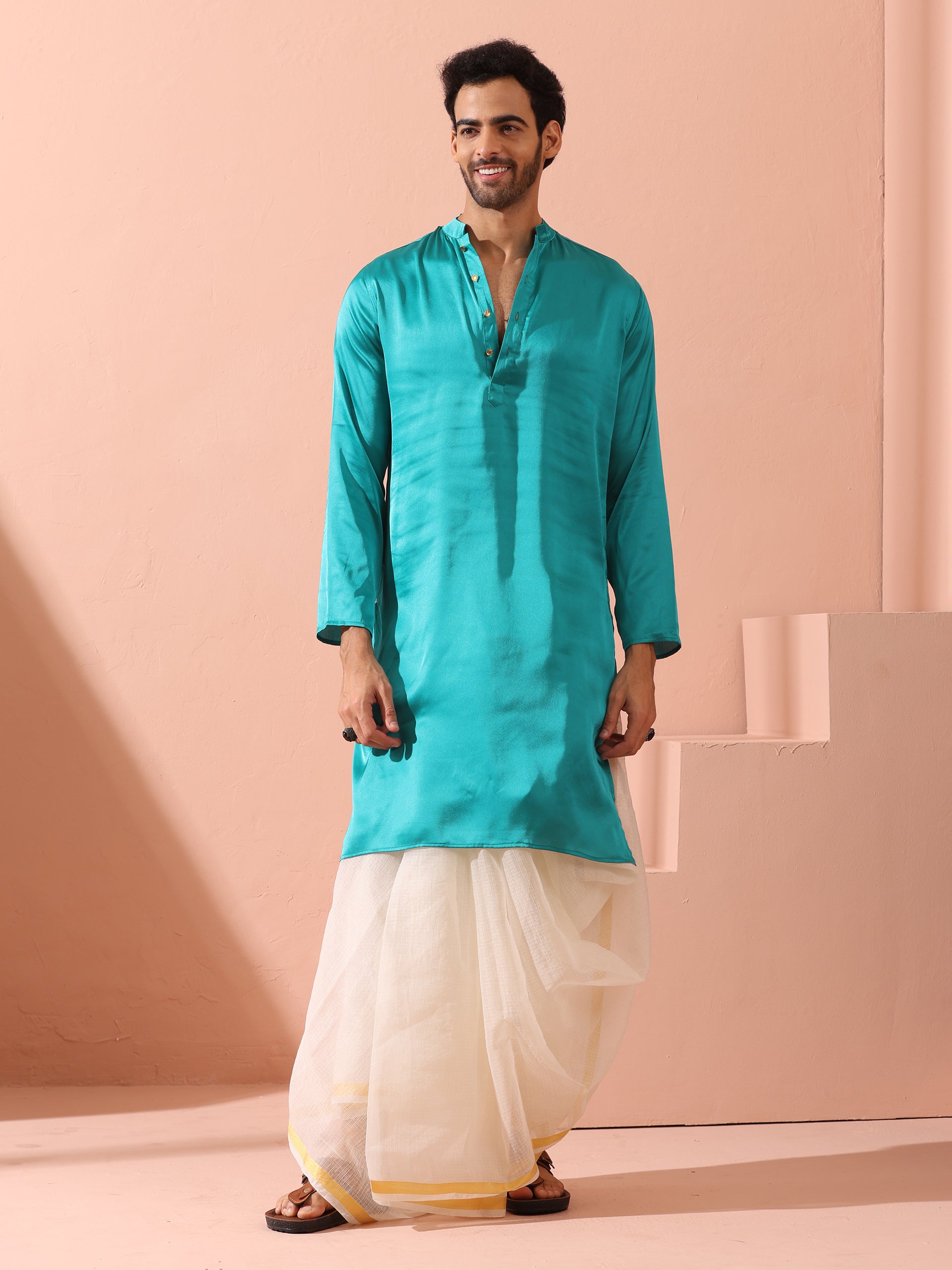 Splash Blue Satin Kurta with Gold Buttons