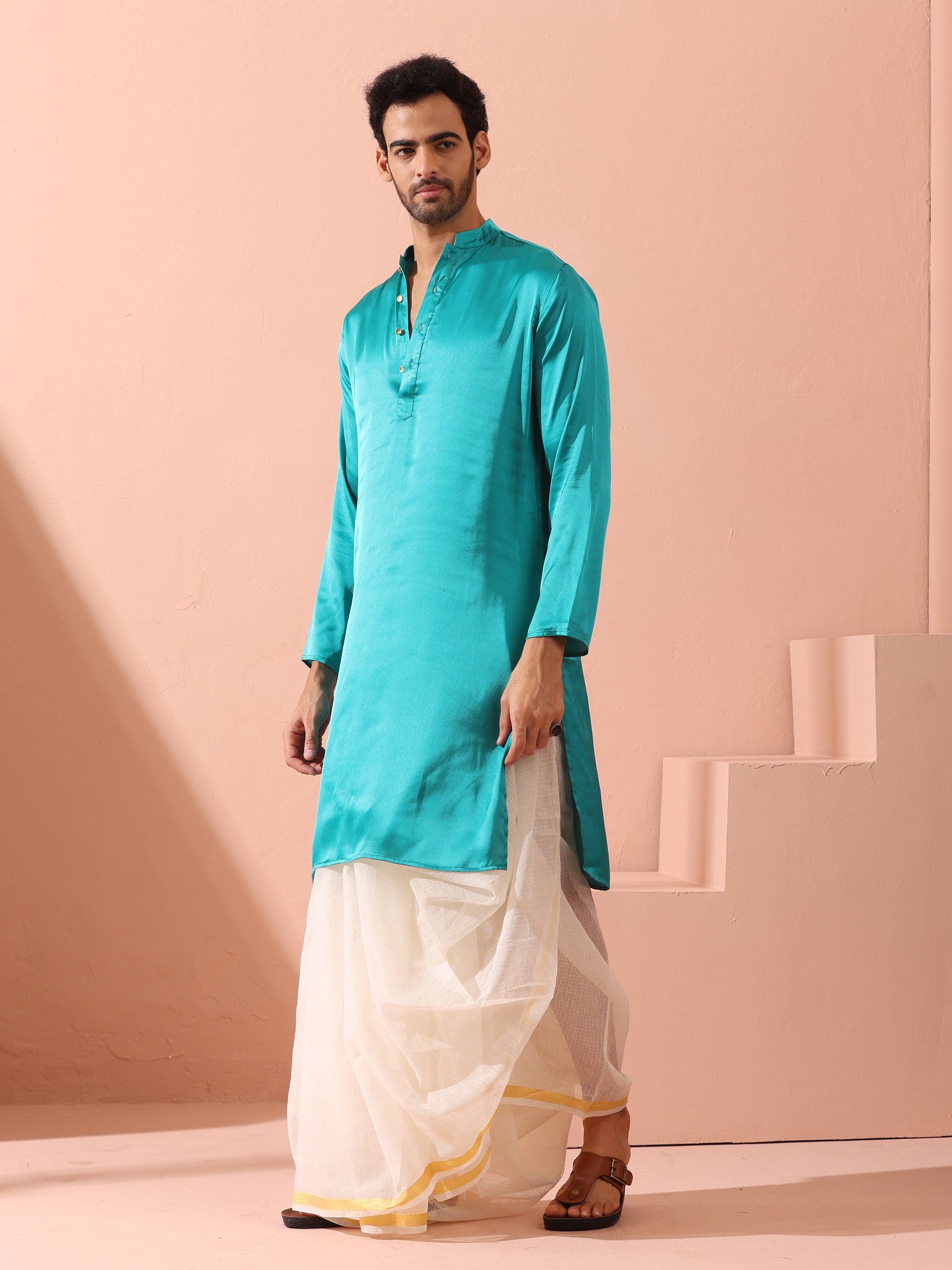 Splash Blue Satin Kurta with Gold Buttons