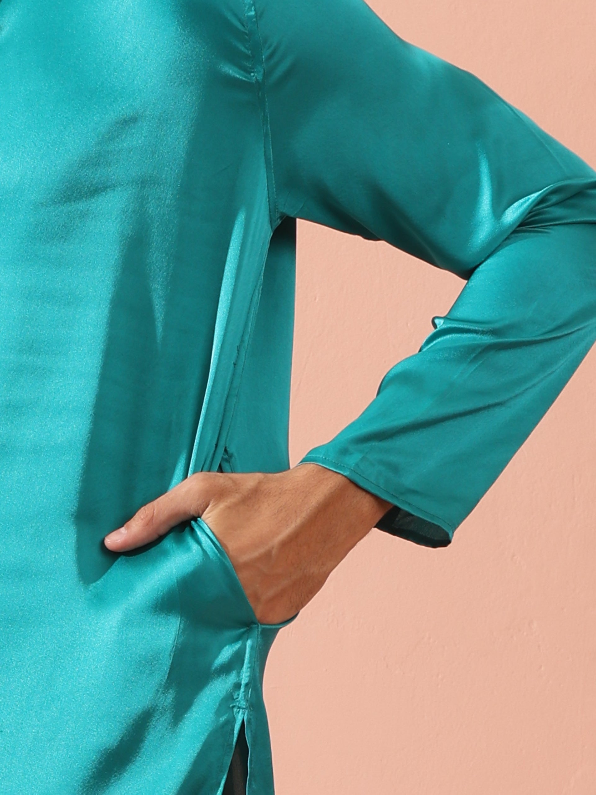 Splash Blue Satin Kurta with Gold Buttons
