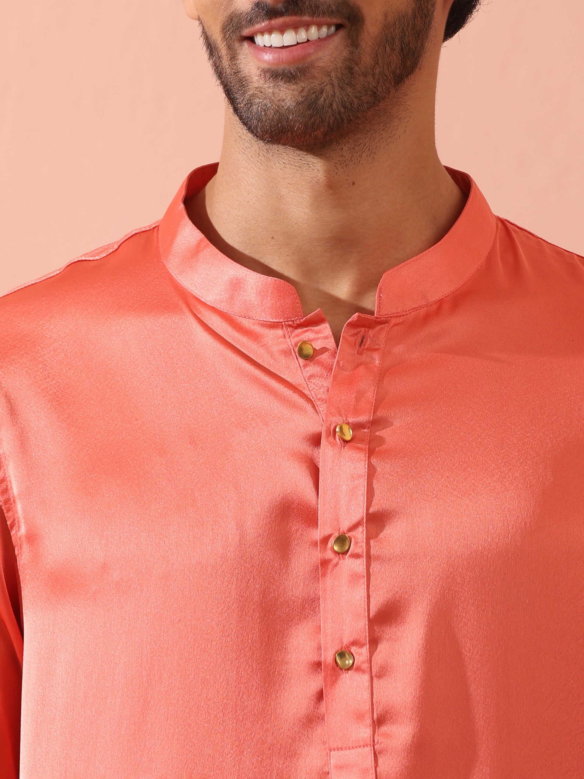 Rose Orange Satin Kurta with Gold Buttons