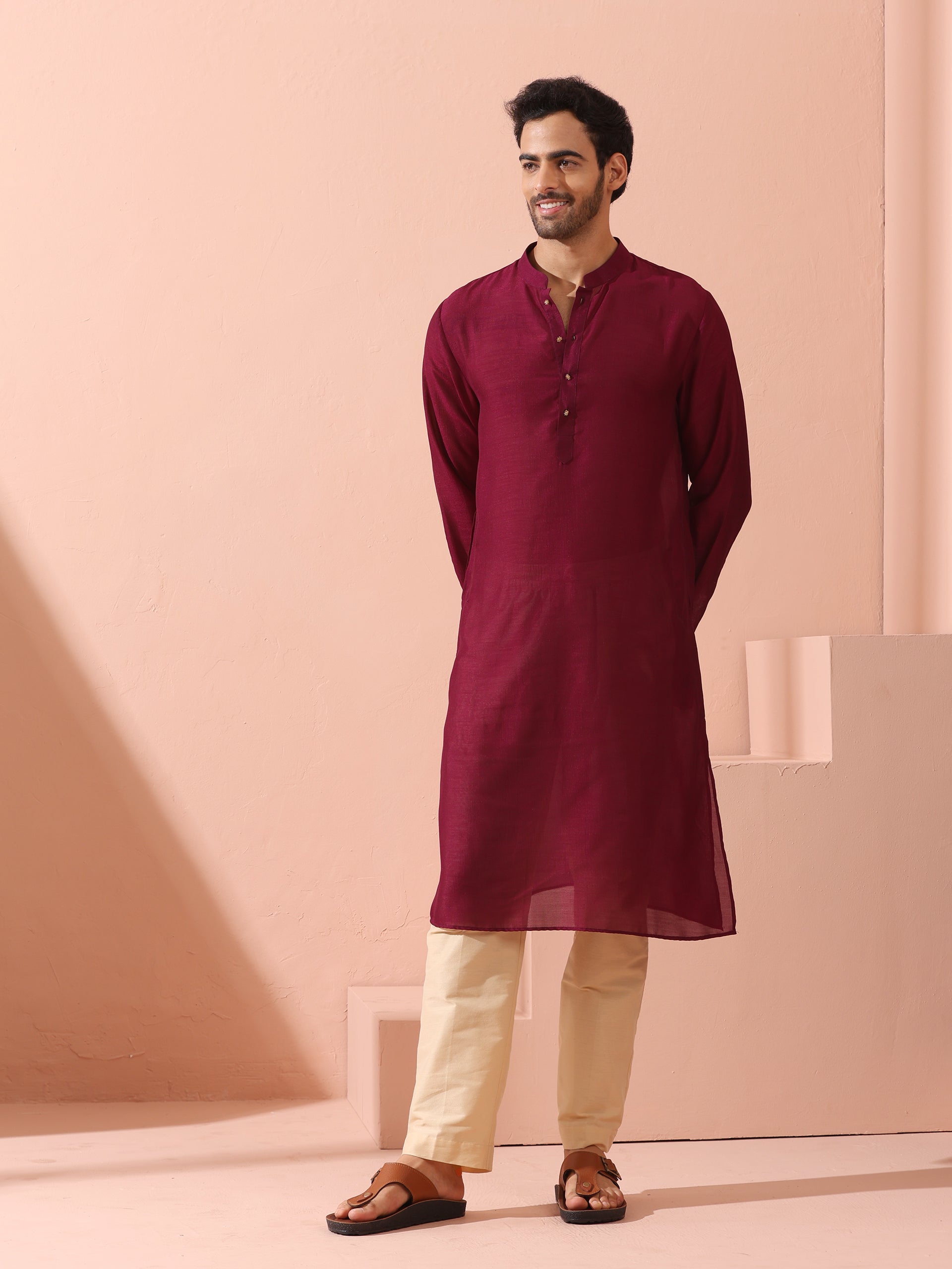 Comfort Wine Kurta with Star Buttons