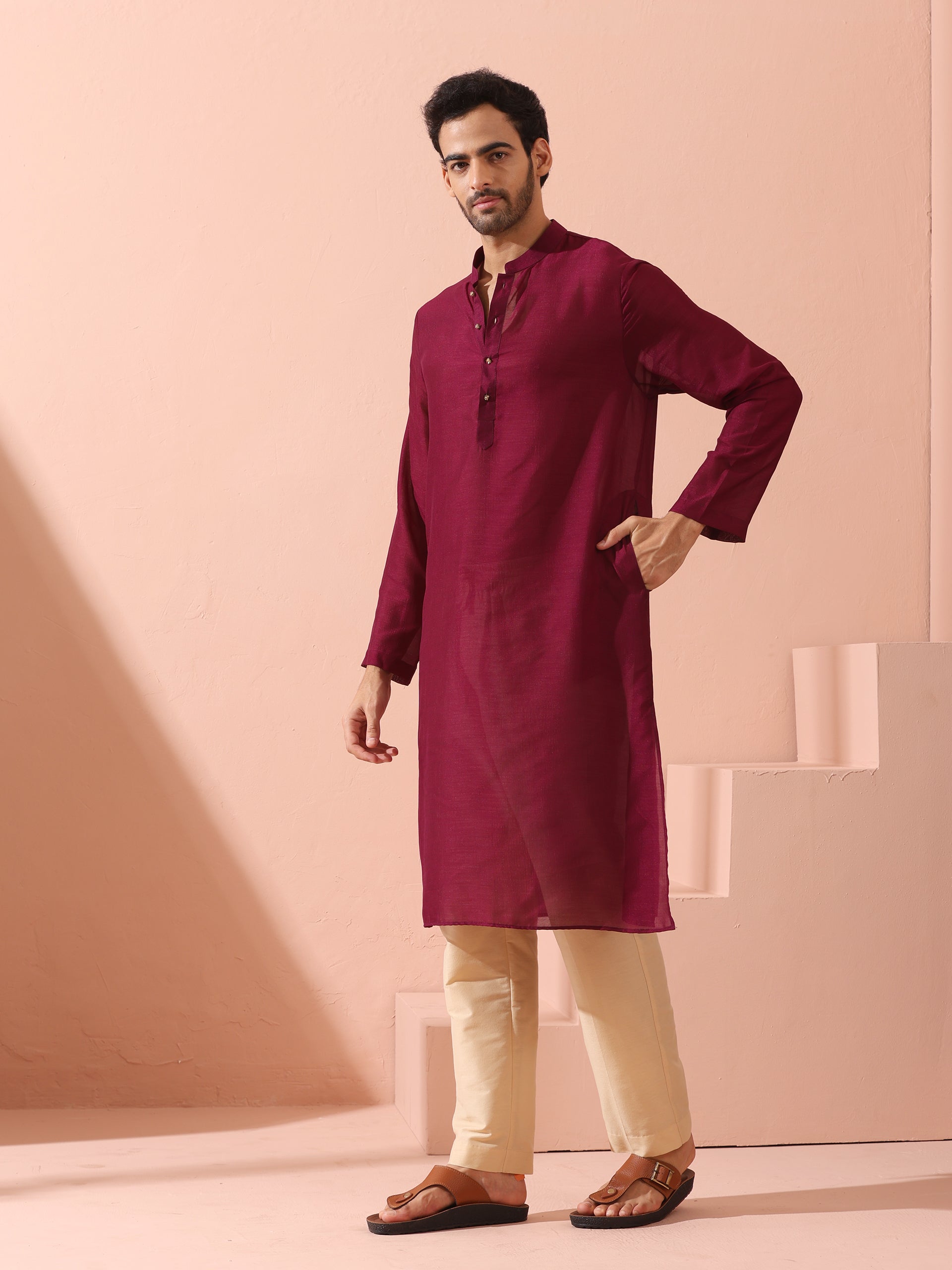Comfort Wine Kurta with Star Buttons