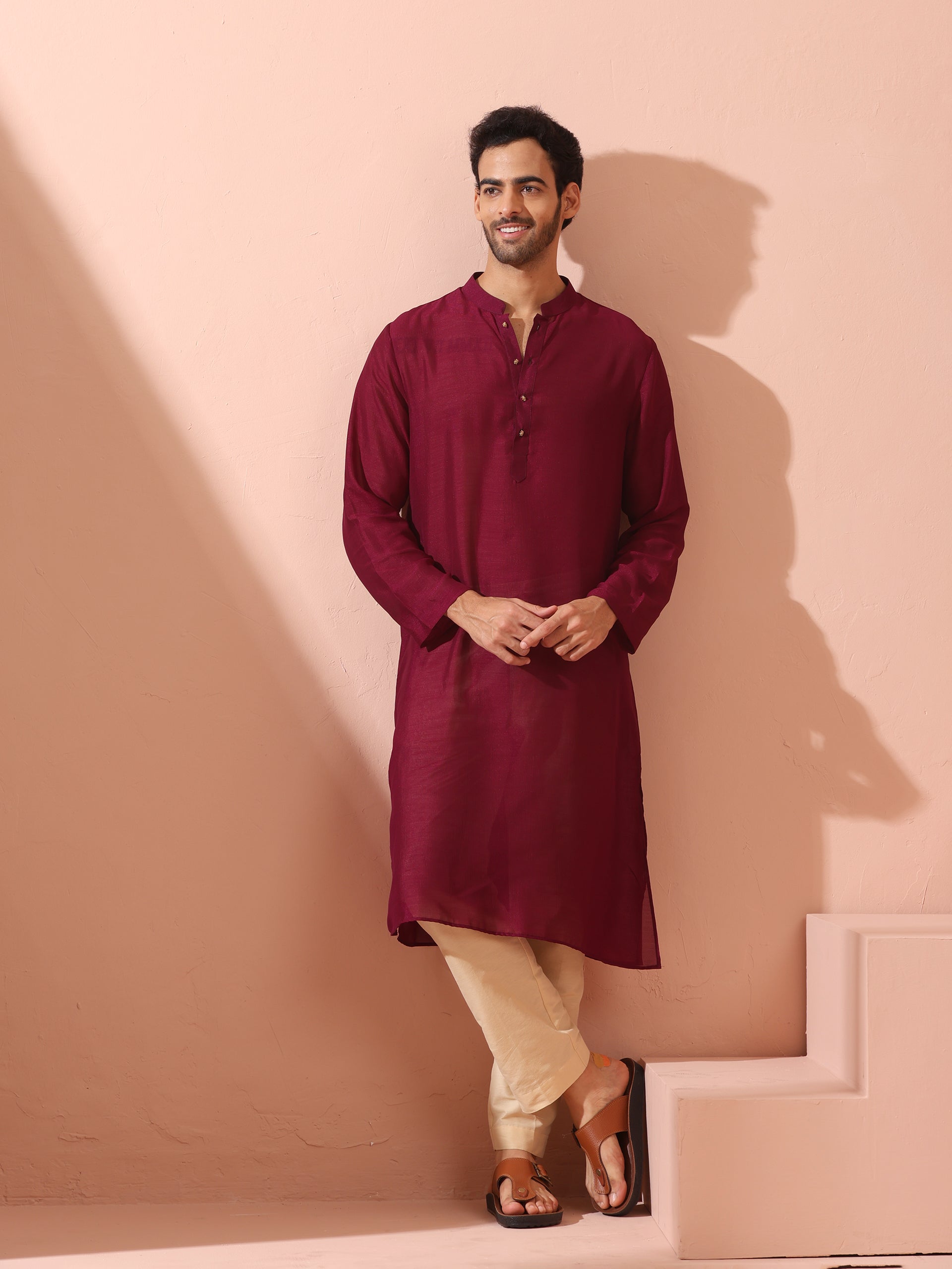 Comfort Wine Kurta with Star Buttons
