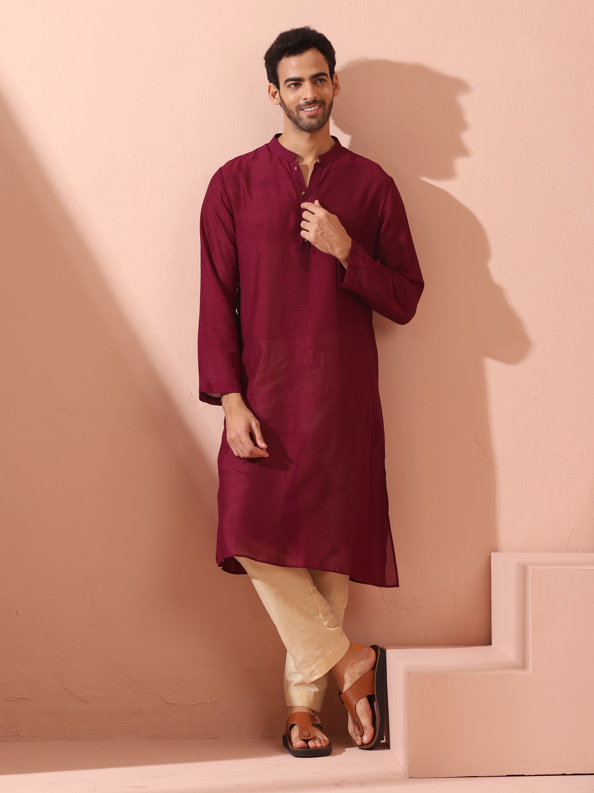 Comfort Wine Kurta with Star Buttons
