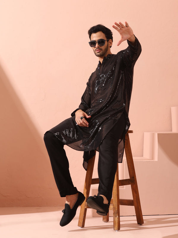 Debonair Black Sequin Kurta with Hidden Placket