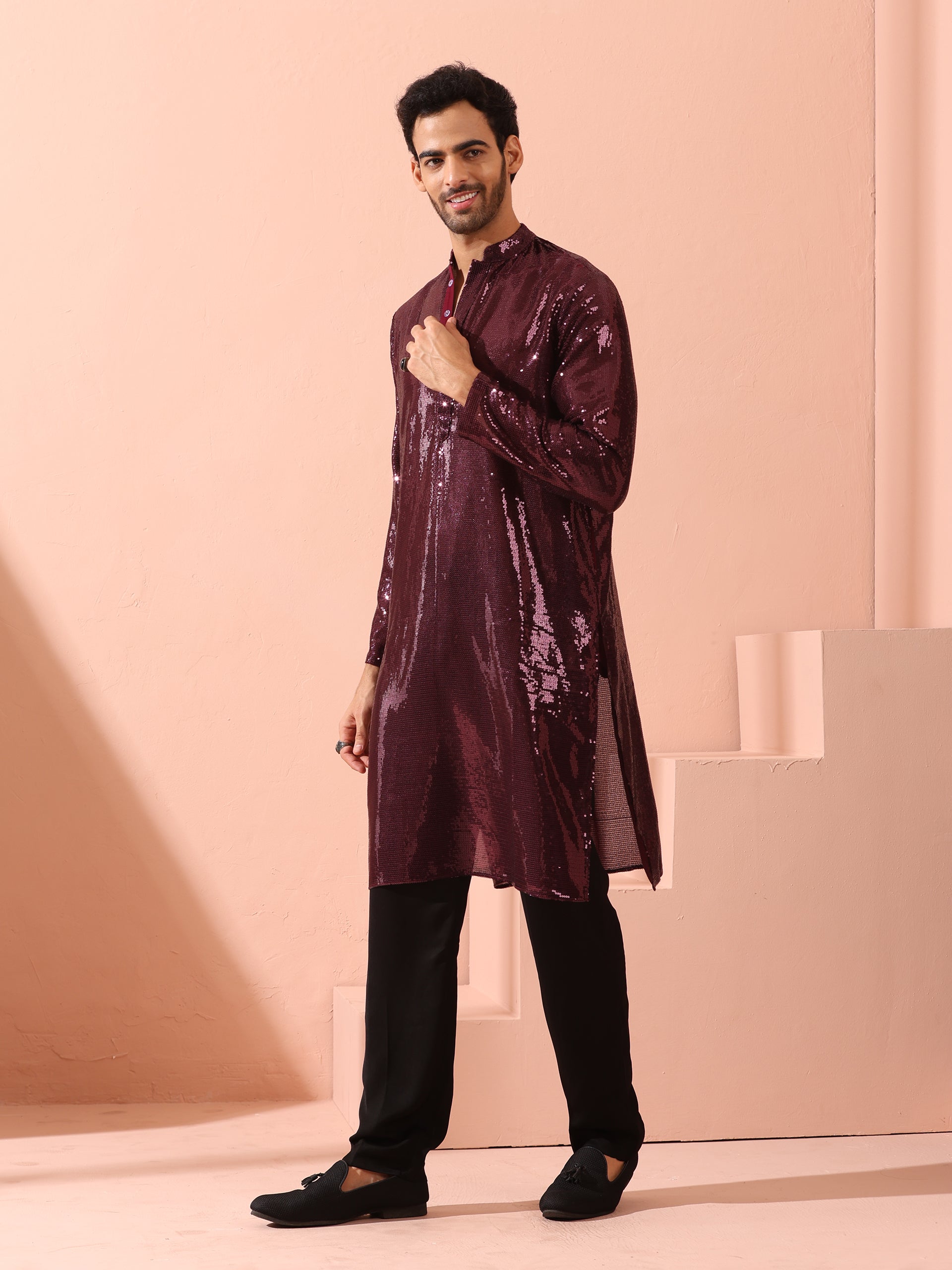 Wine Sequin Kurta with Hidden Placket