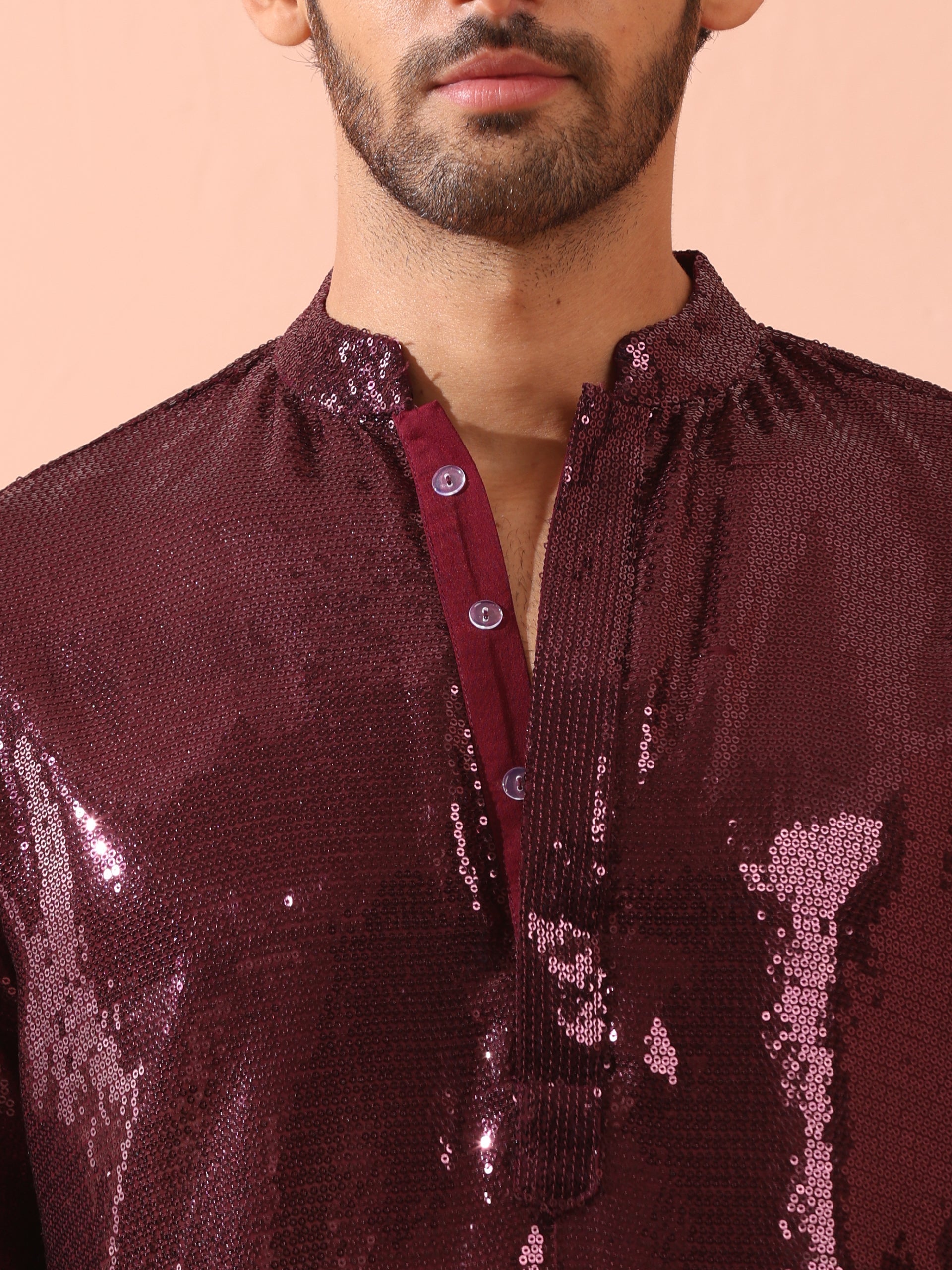 Wine Sequin Kurta with Hidden Placket