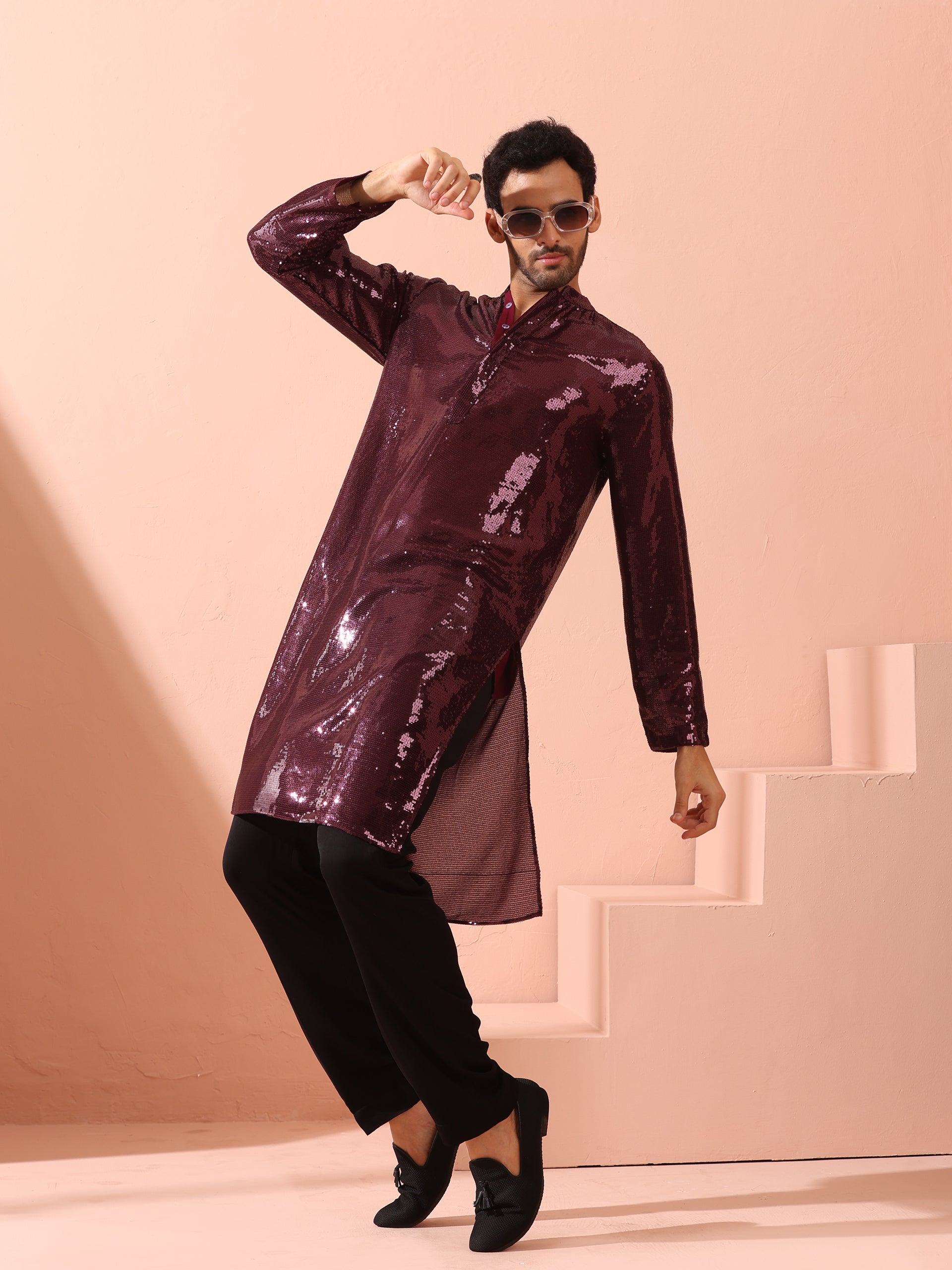 Wine Sequin Kurta with Hidden Placket