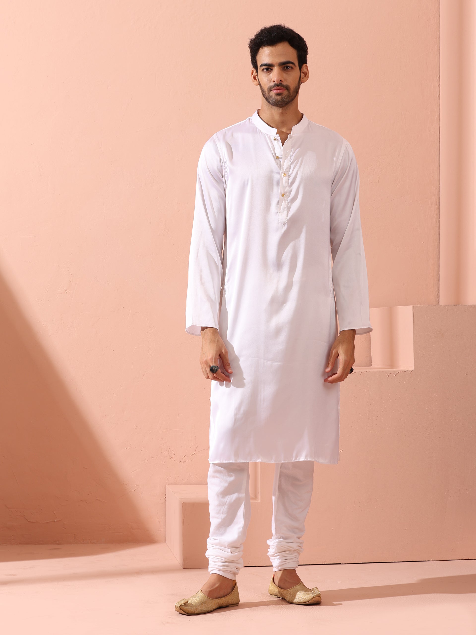 Sufi White Satin Kurta with Gold Buttons