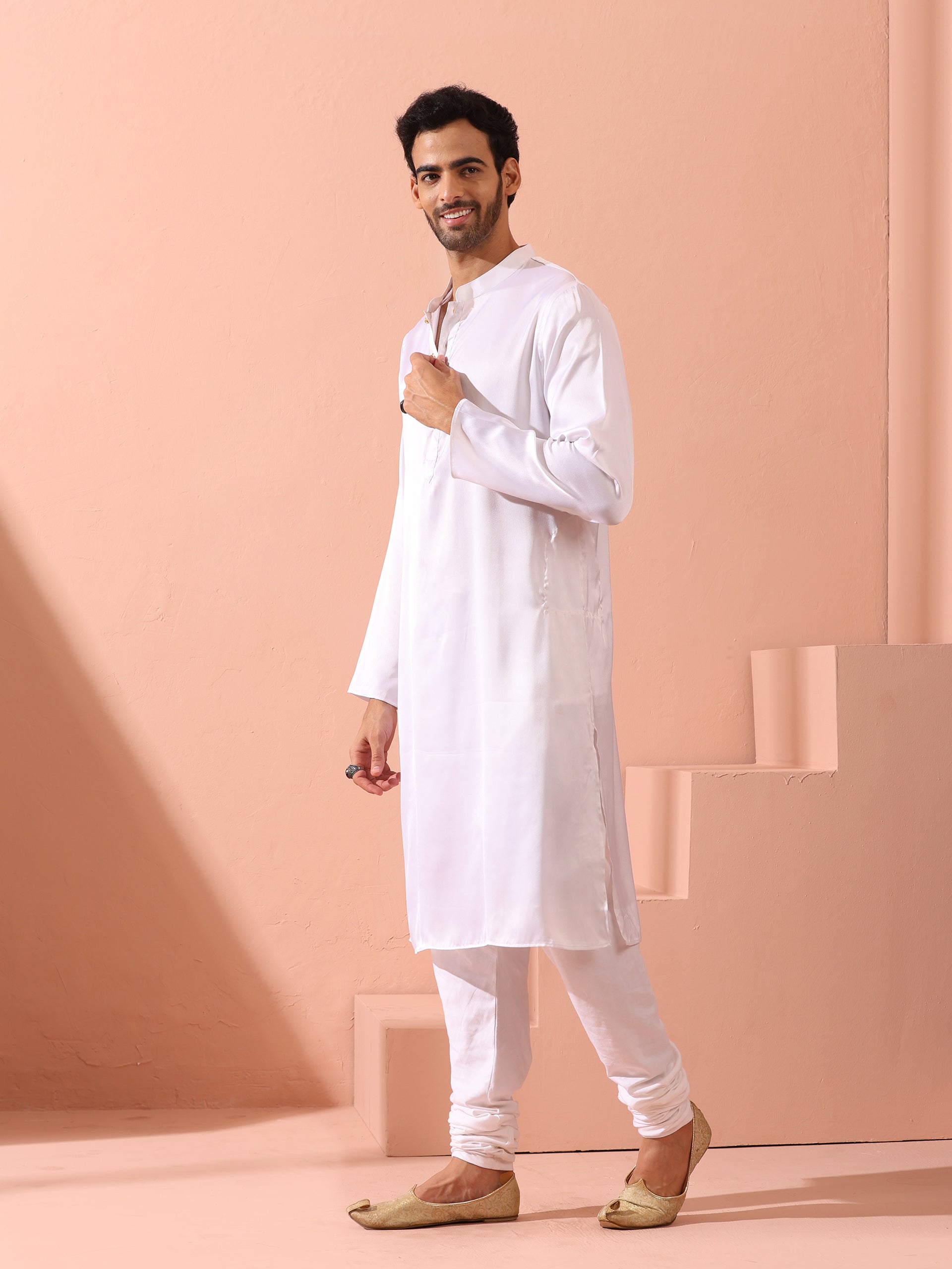 Sufi White Satin Kurta with Gold Buttons