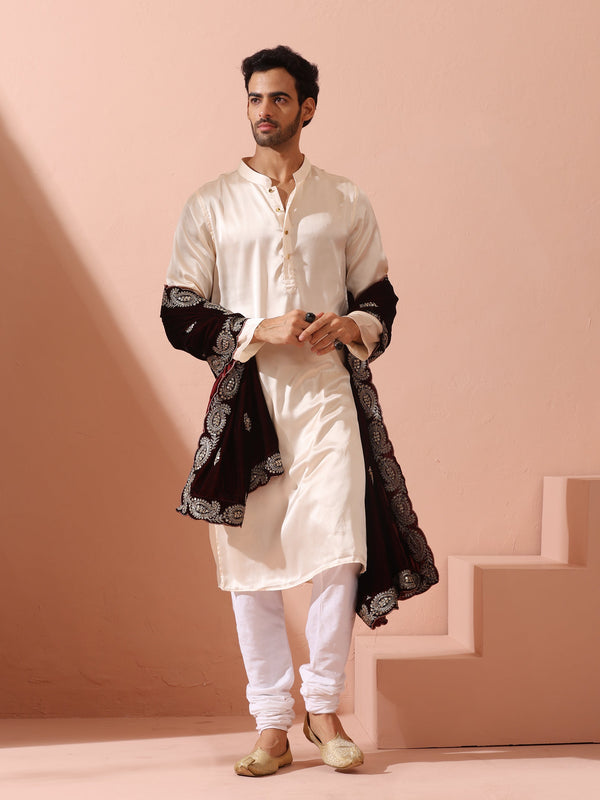 Rose Cream Satin Kurta with Gold Buttons