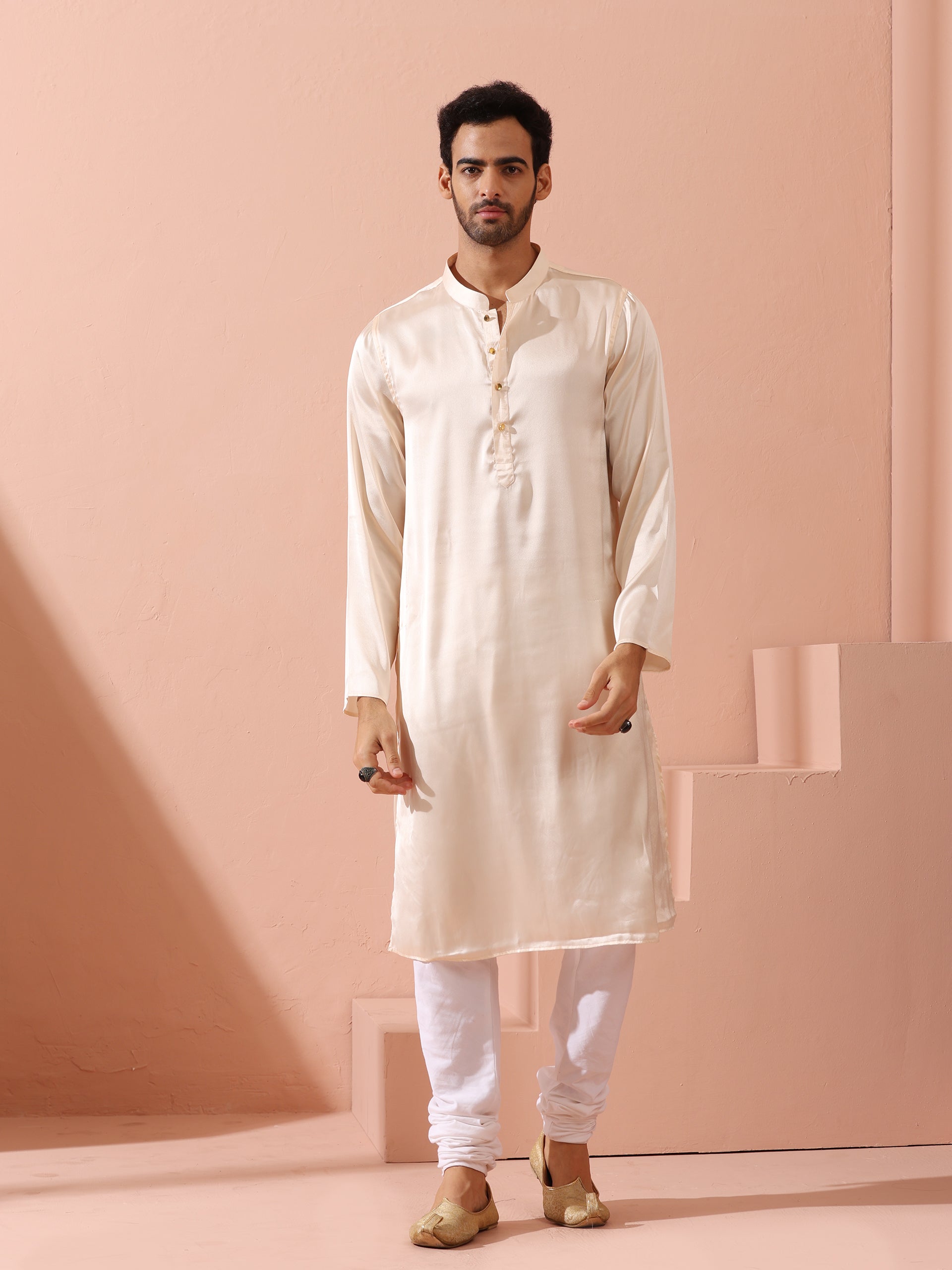 Rose Cream Satin Kurta with Gold Buttons