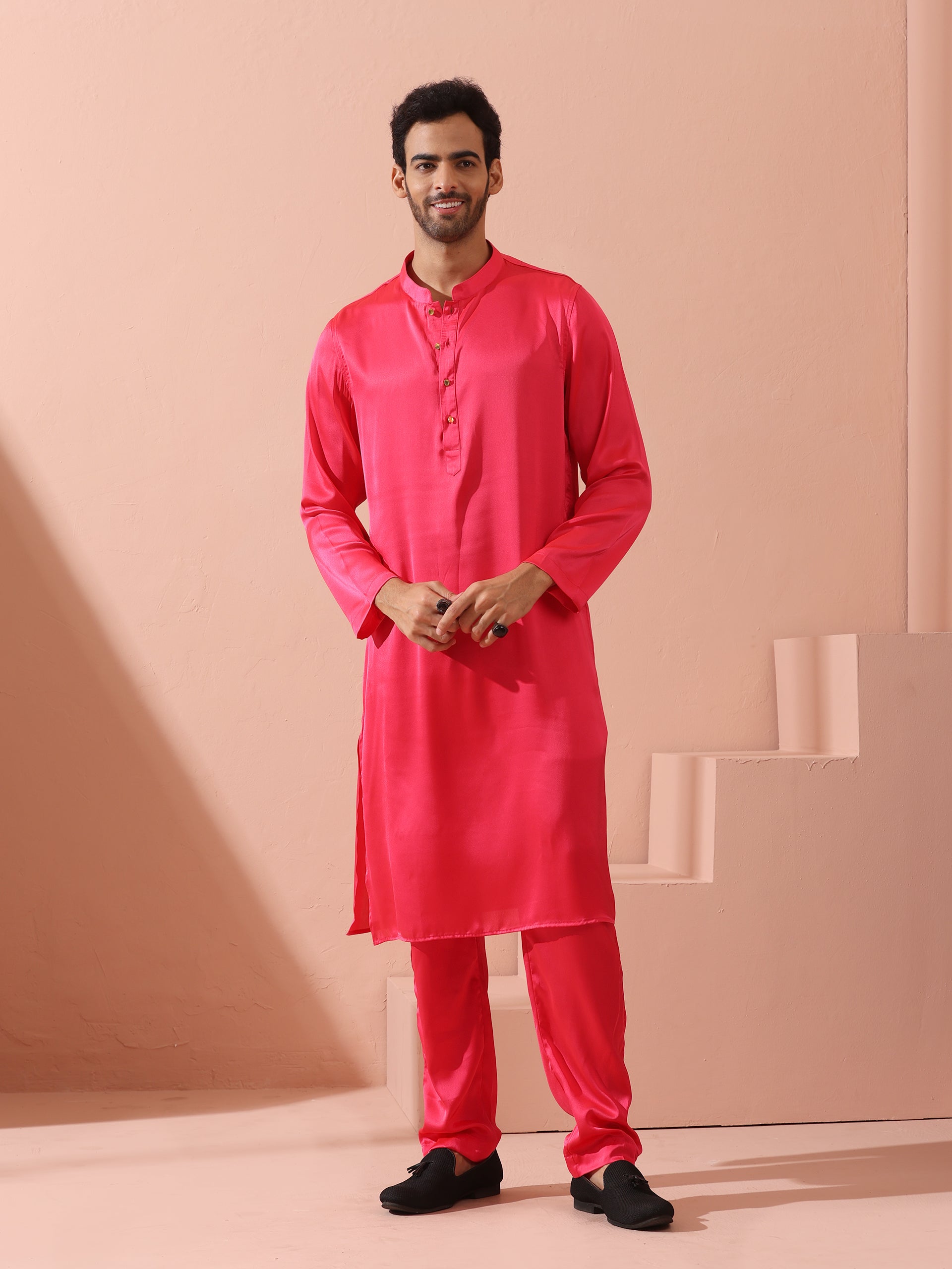 Ruby Pink Satin Kurta with Gold Buttons