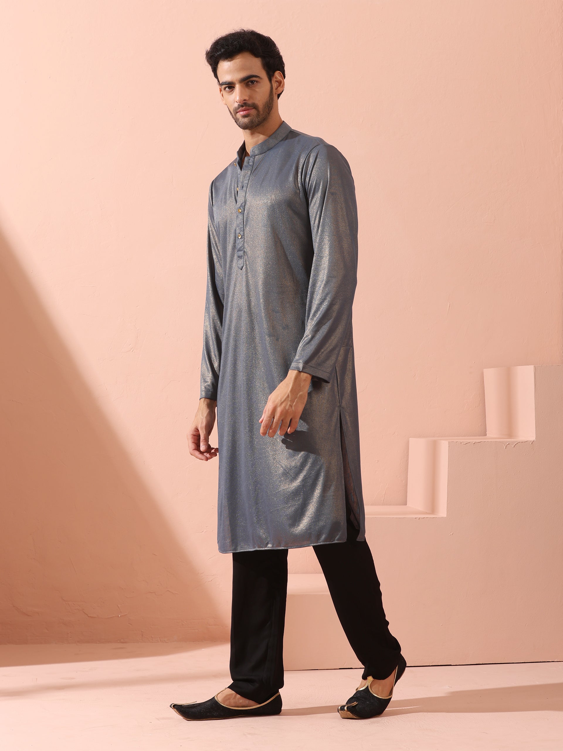 Grey Gold Knit Kurta with Gold Buttons