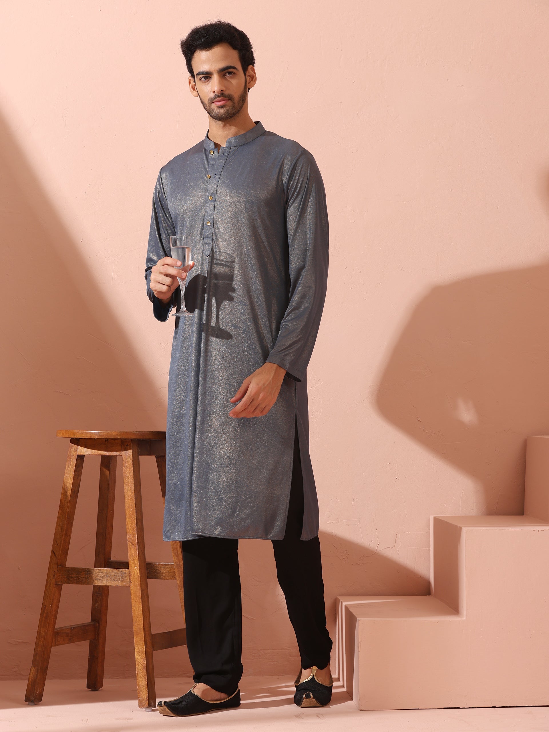 Grey Gold Knit Kurta with Gold Buttons