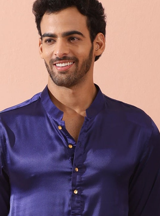 Defy Royal Blue Satin Kurta with Gold Buttons
