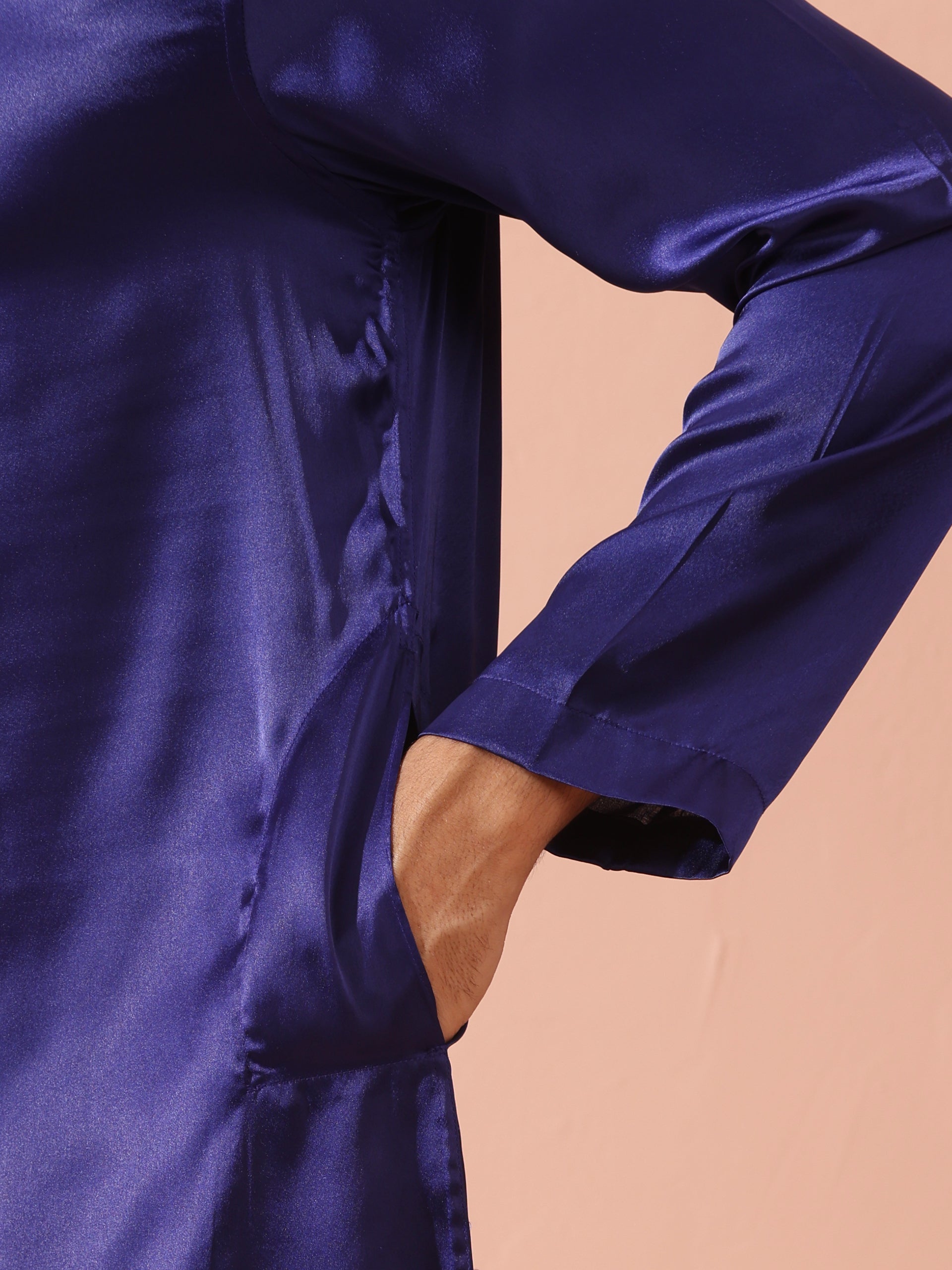Defy Royal Blue Satin Kurta with Gold Buttons