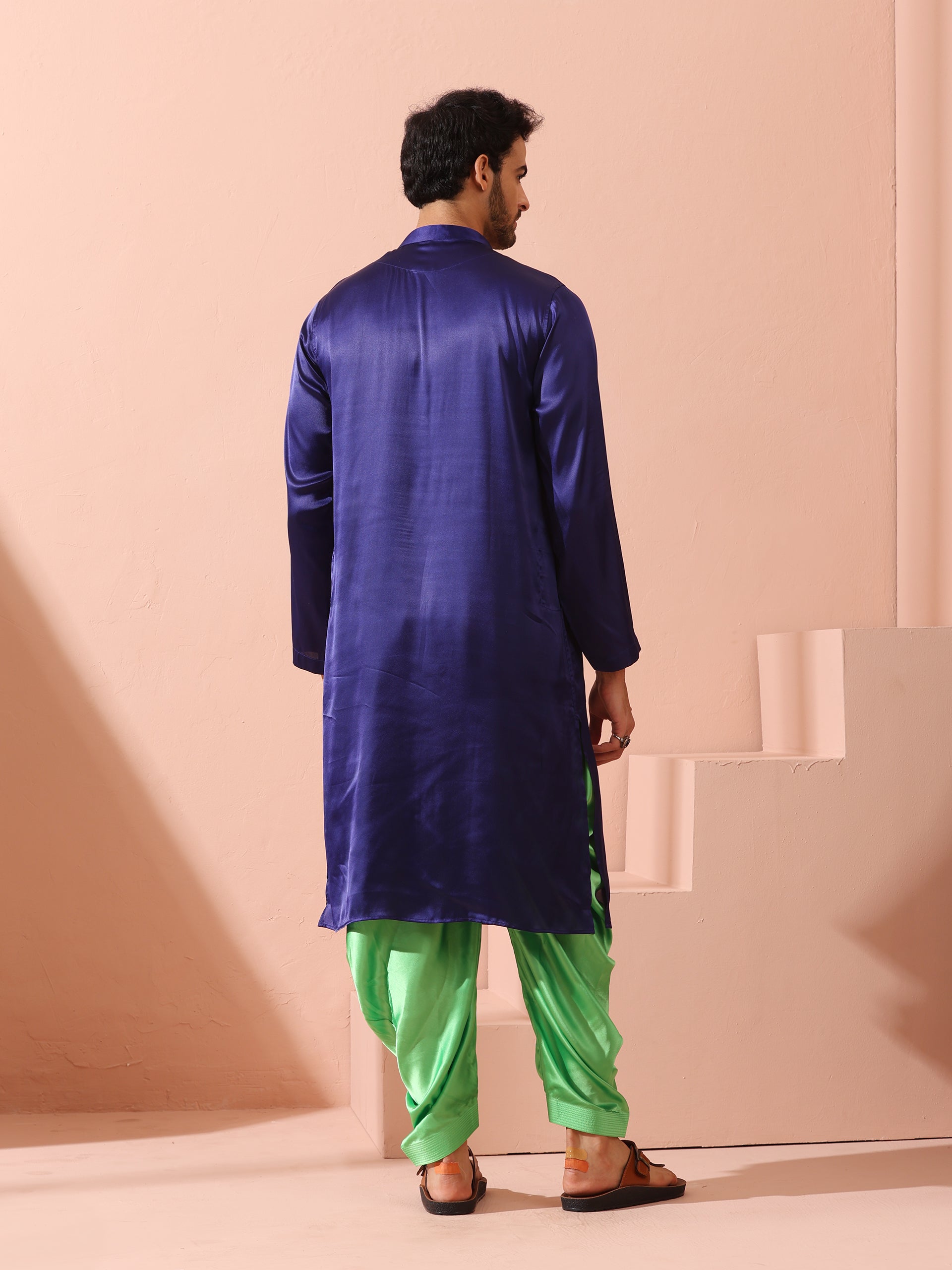 Defy Royal Blue Satin Kurta with Gold Buttons