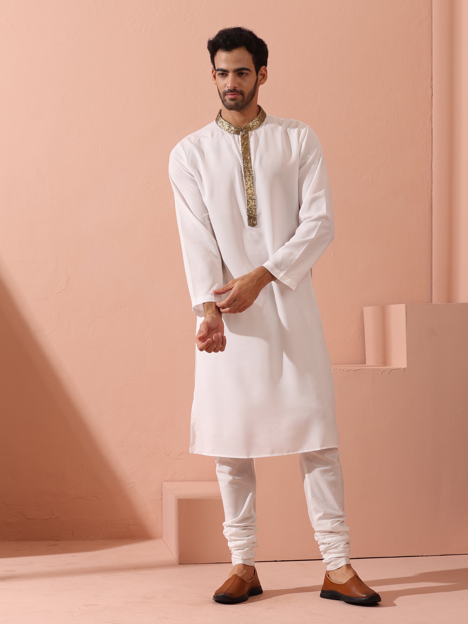 White & Gold Sequin Crepe Kurta with Hidden Placket