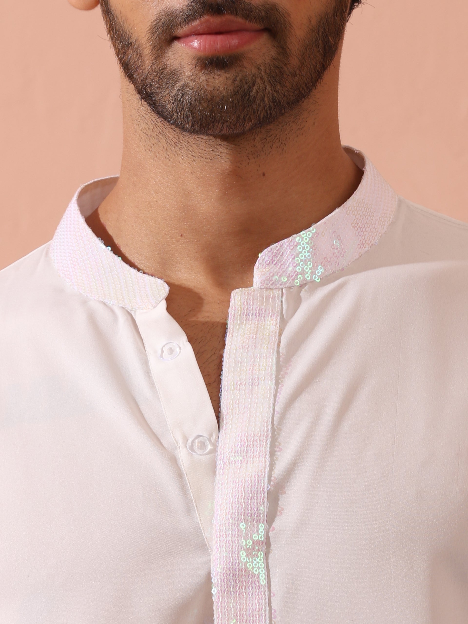 Dandy White Irridecent Sequin Crepe Kurta with Hidden Placket