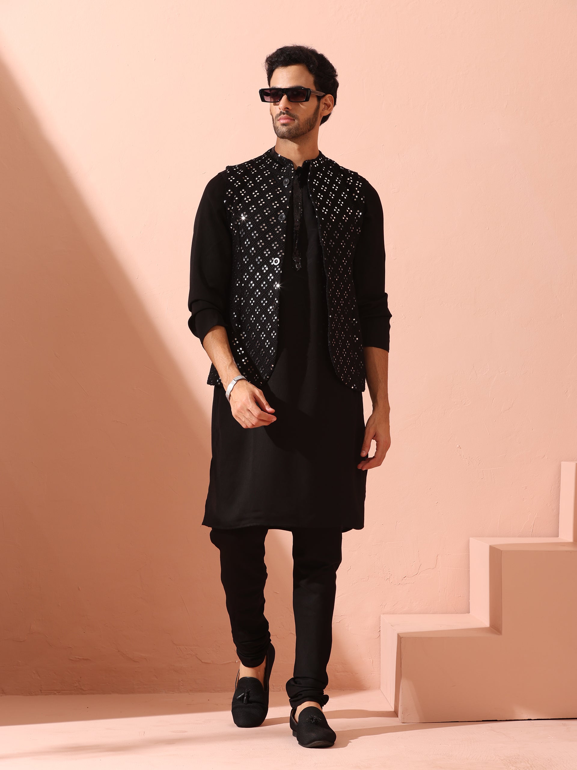 SET of 2 - Black Korean Kurta with Sequin Placket and Churidar
