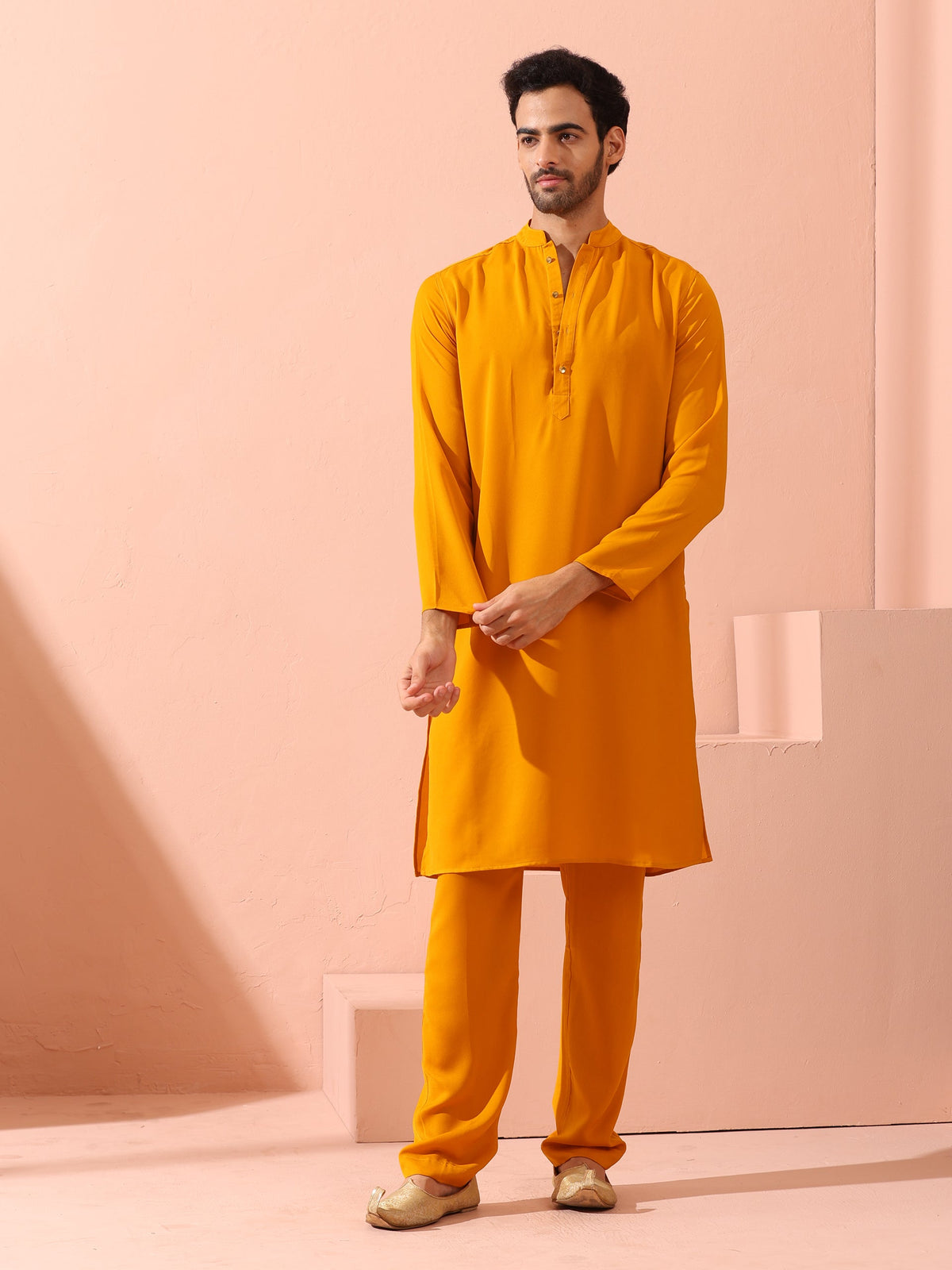 Mustard Korean fabric kurta with gold buttons — view 6