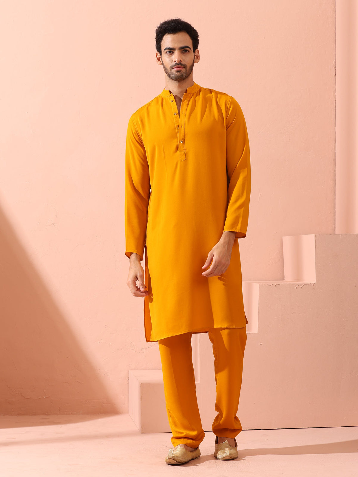 Mustard Korean fabric kurta with gold buttons — view 3