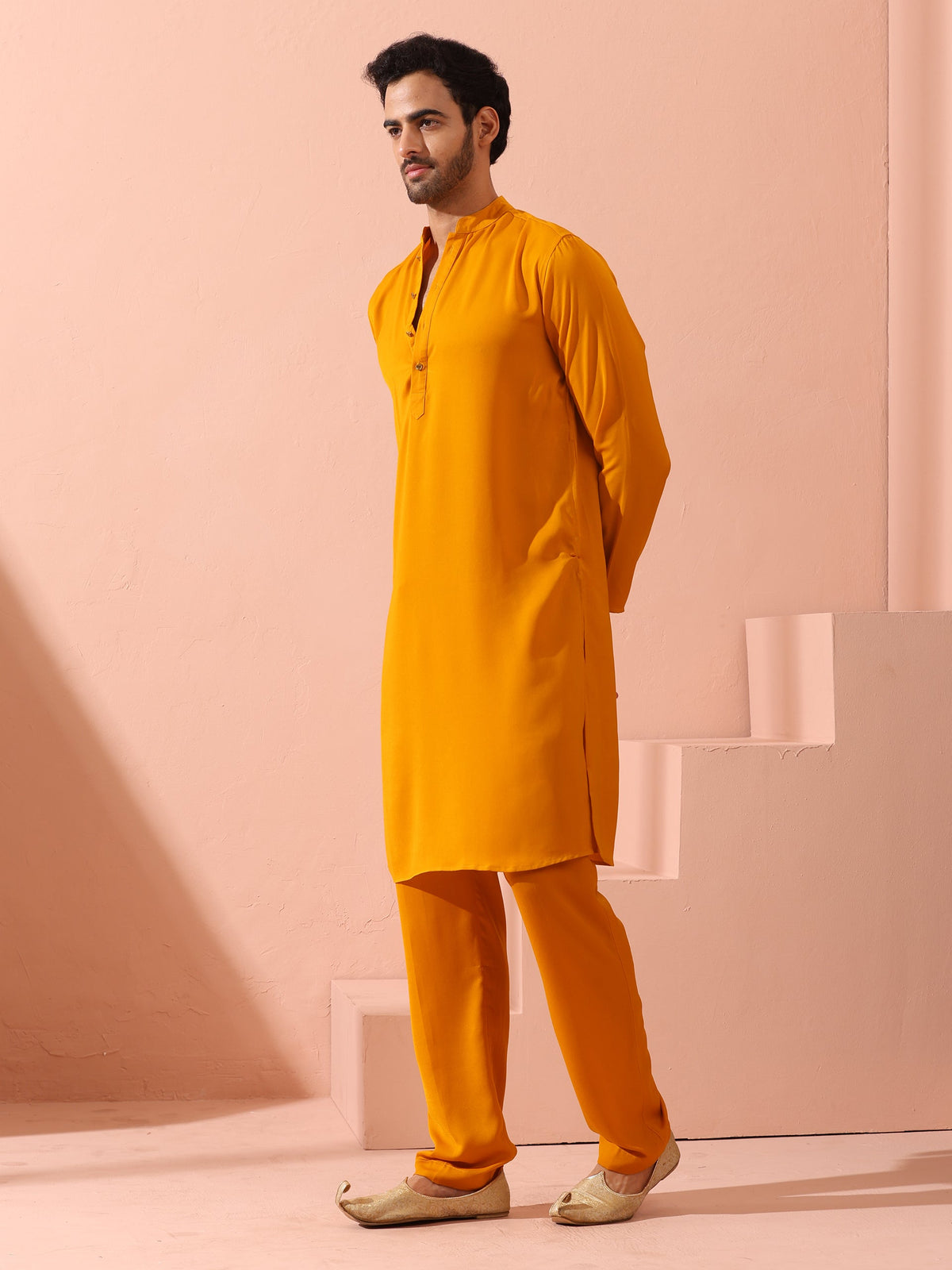 Mustard Korean fabric kurta with gold buttons — view 5
