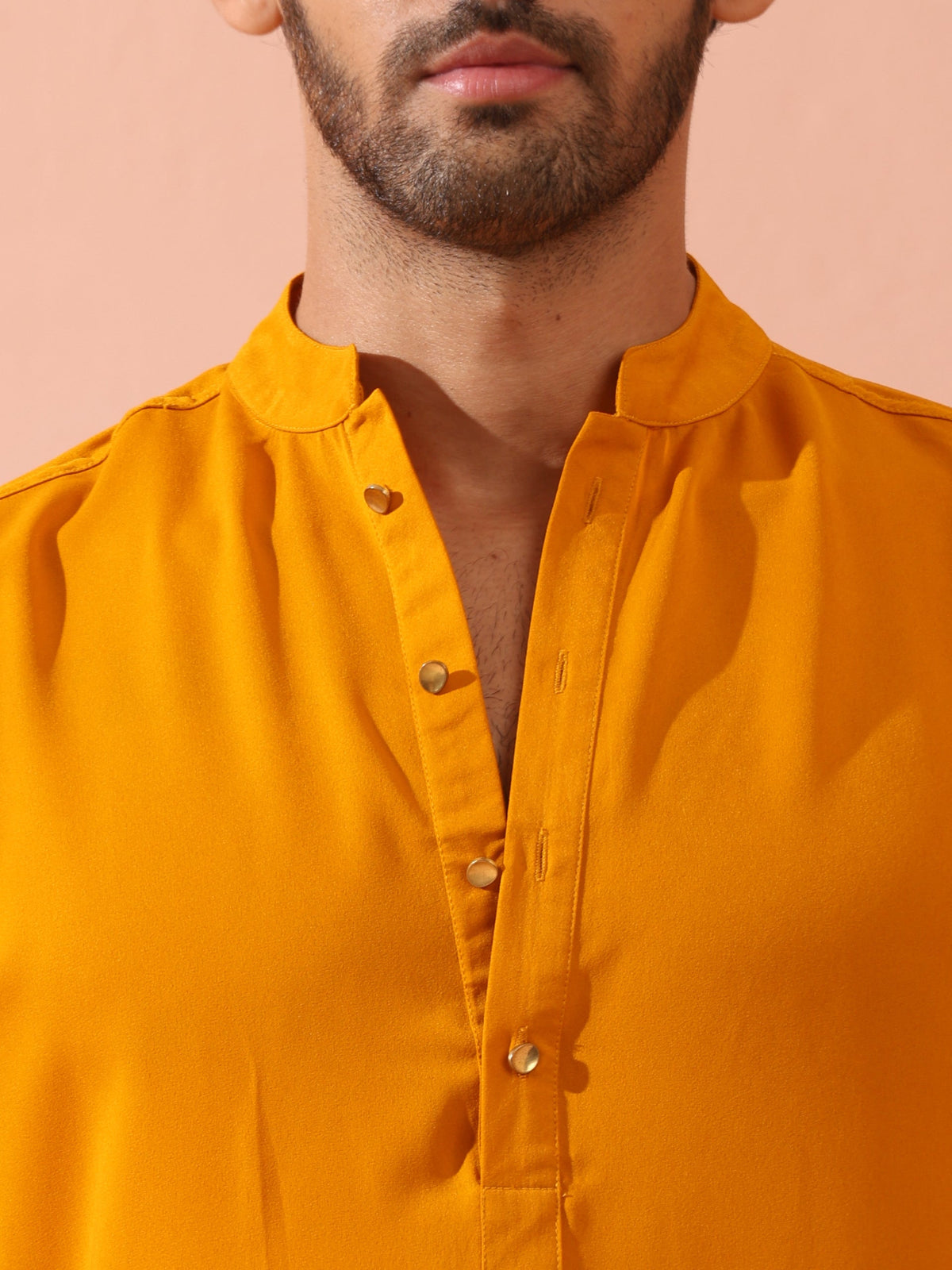 Mustard Korean fabric kurta with gold buttons — view 2