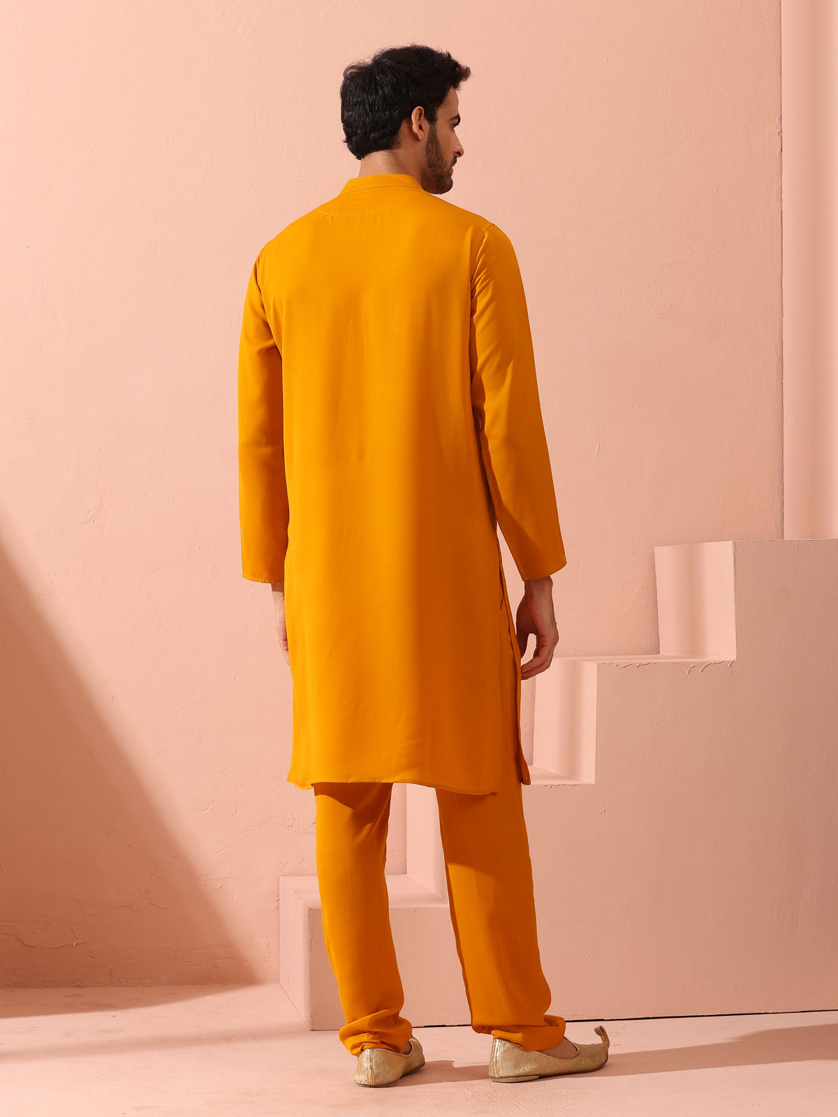 Mustard Korean fabric kurta with gold buttons — view 4