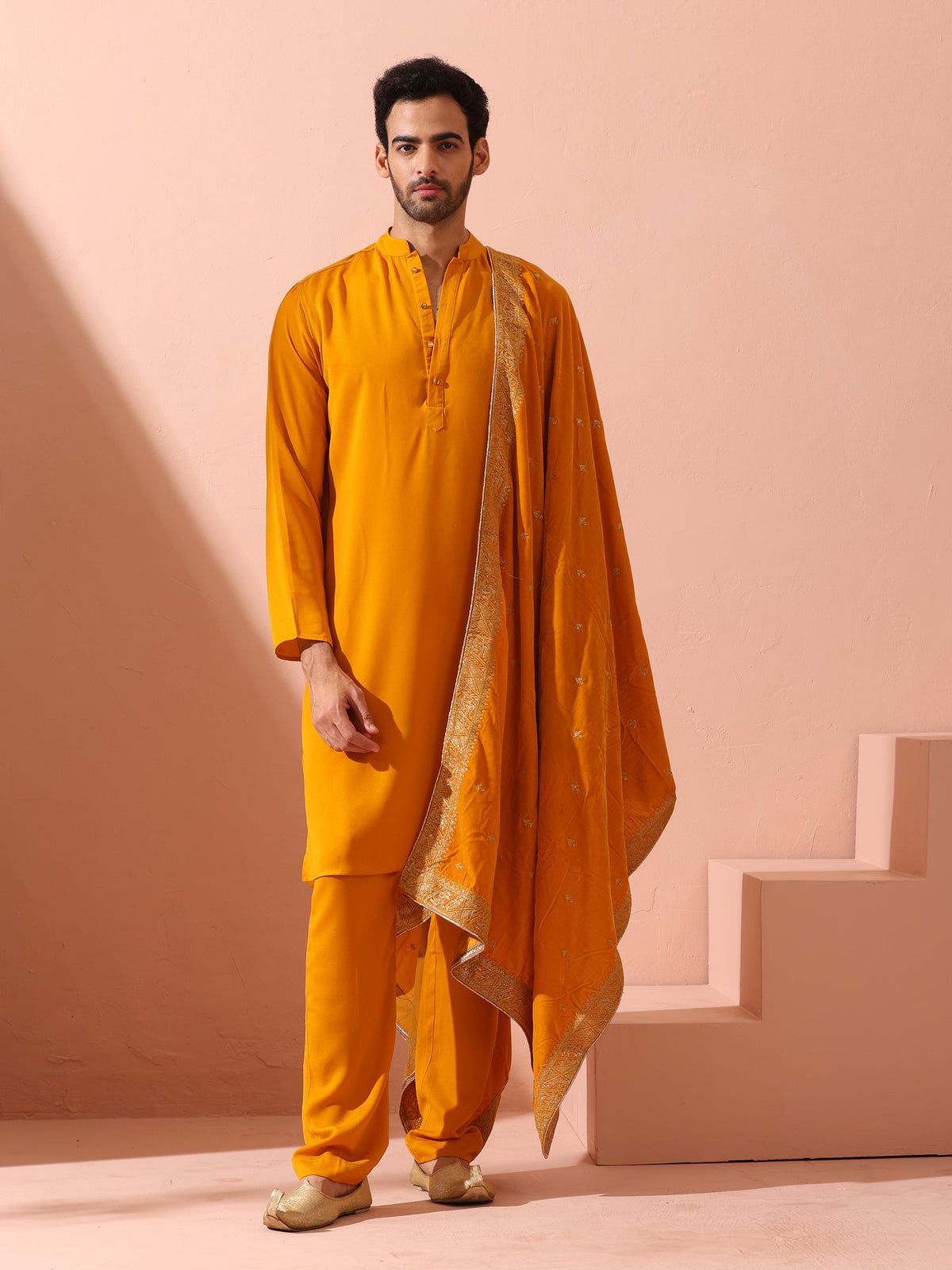 Mustard Korean fabric kurta with gold buttons