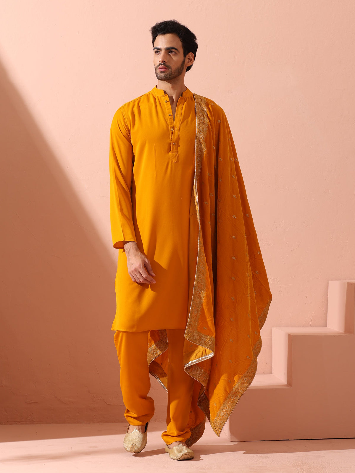 Mustard Korean fabric kurta with gold buttons — view 8