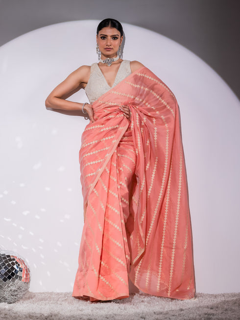 SET | Chevron Pink Organza Saree with Cowrie Shell Fully Embroidered Sequin Blouse - 2 Piece