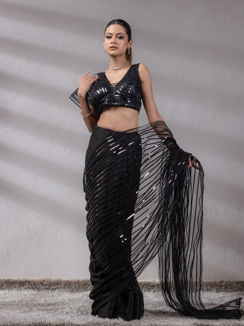 SET | Black Impression Saree With Blouse - 2 Piece