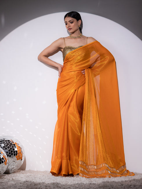 SET | Yellow Shimmer & Shine Chiffon Saree with Gold Sequin Bustier - 2 Piece