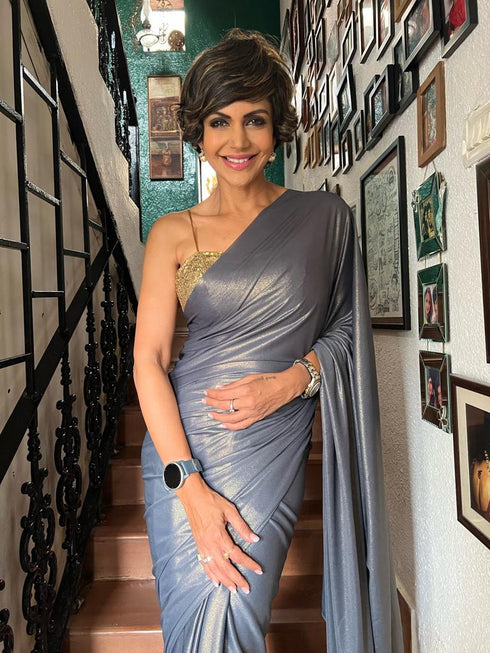 Grey Gold Chiffon Saree With Lace & Pendant on Ends