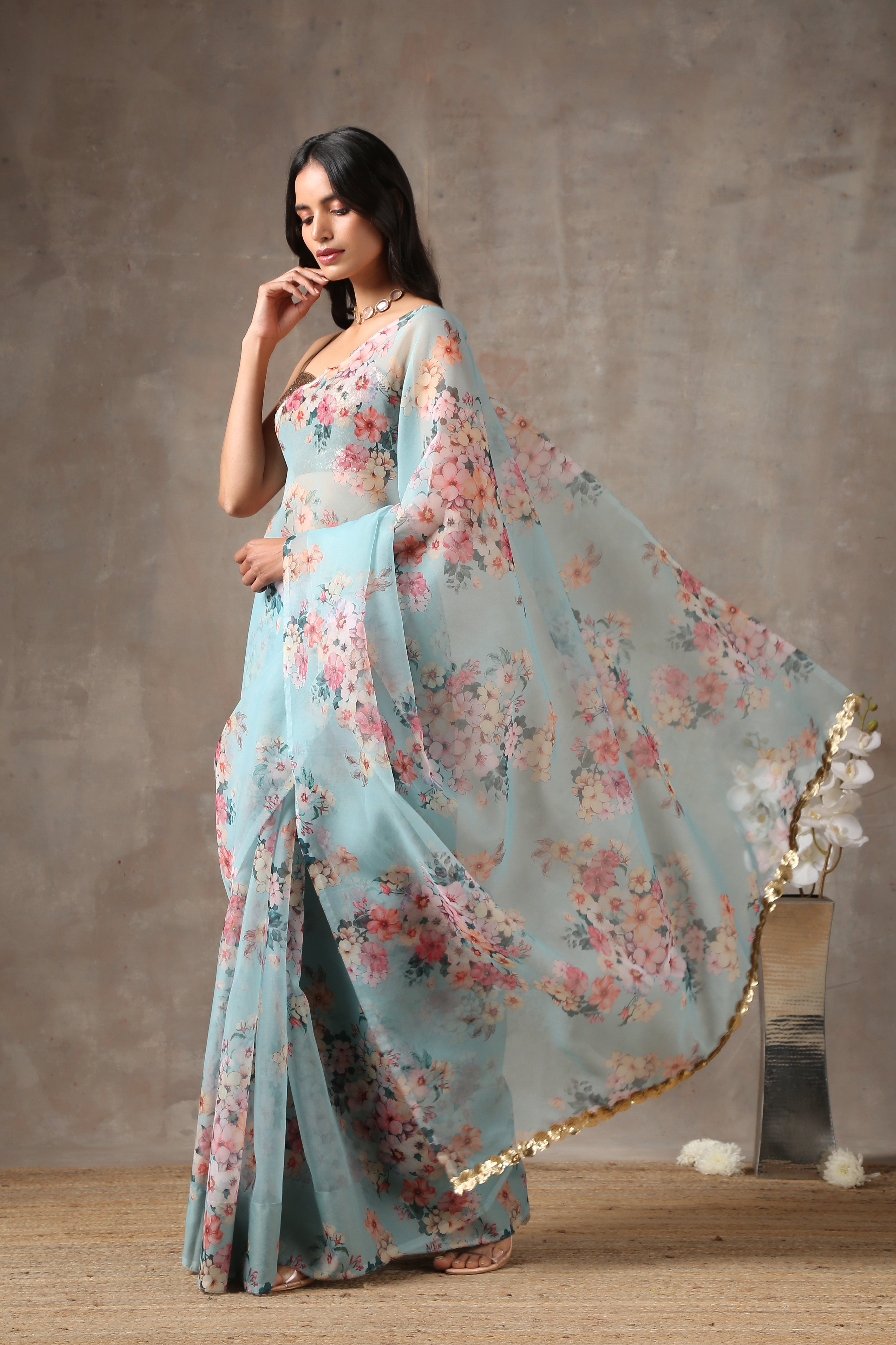 Spring bloom mint organza saree