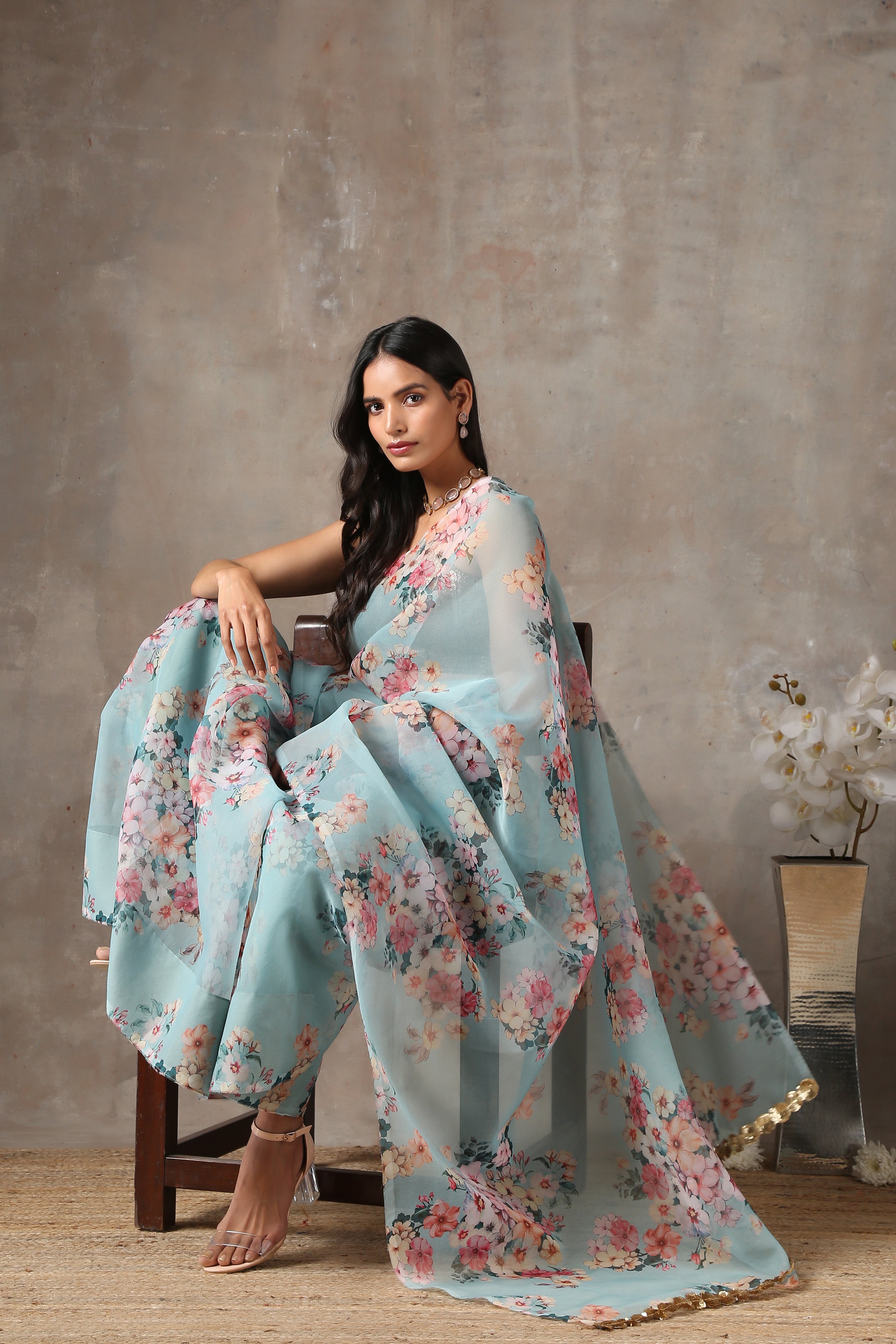 Spring bloom mint organza saree — view 3