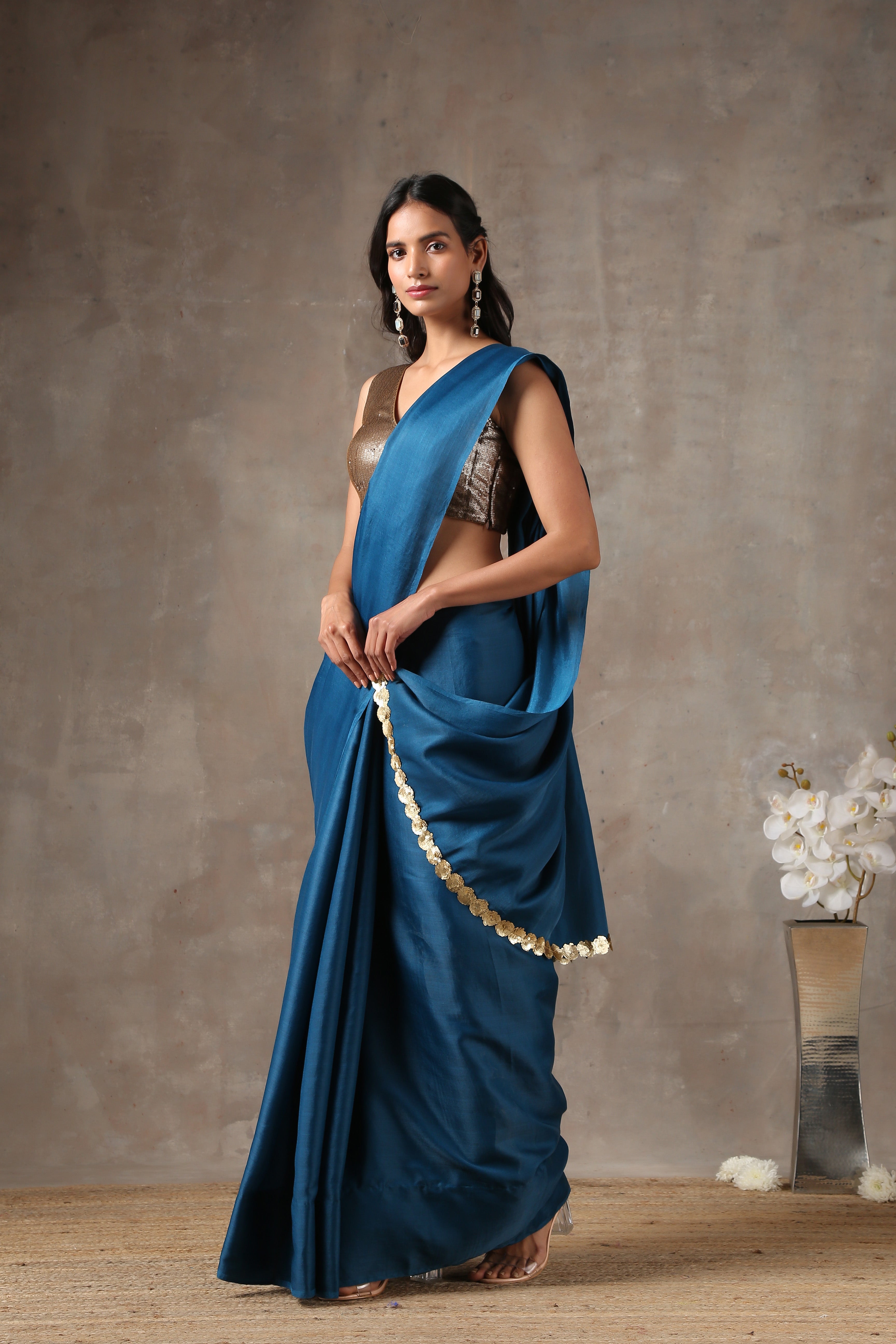 Royal navy saree with lace on edge — view 3