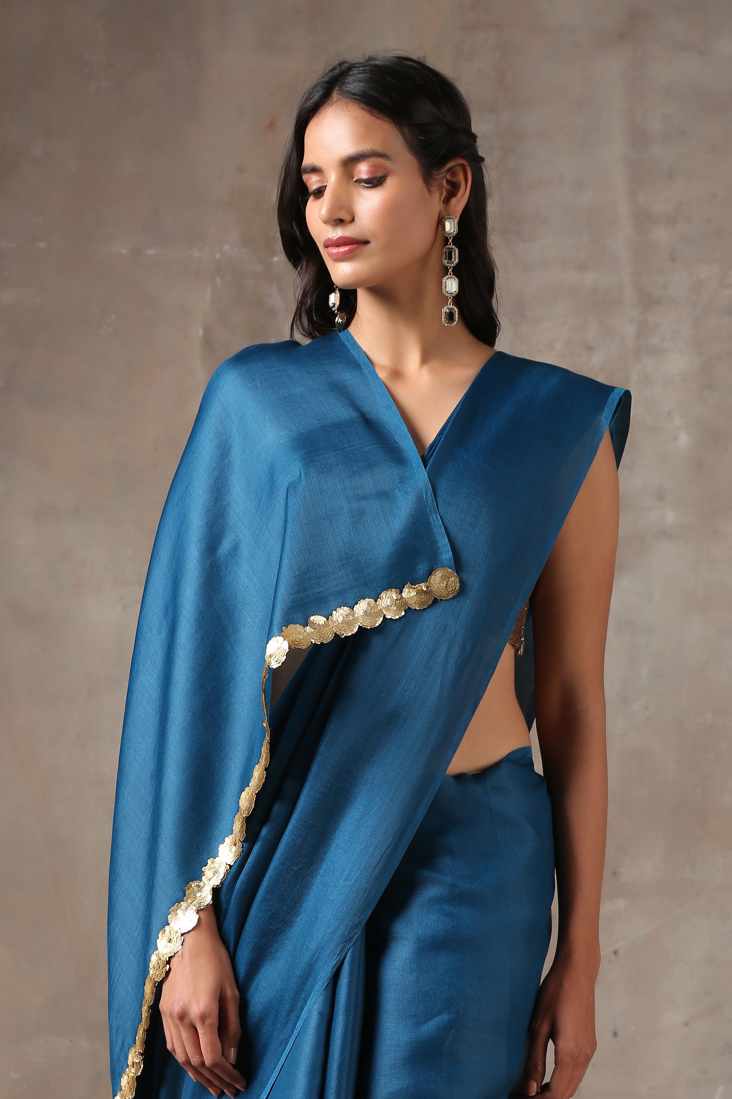 Royal navy saree with lace on edge — view 5