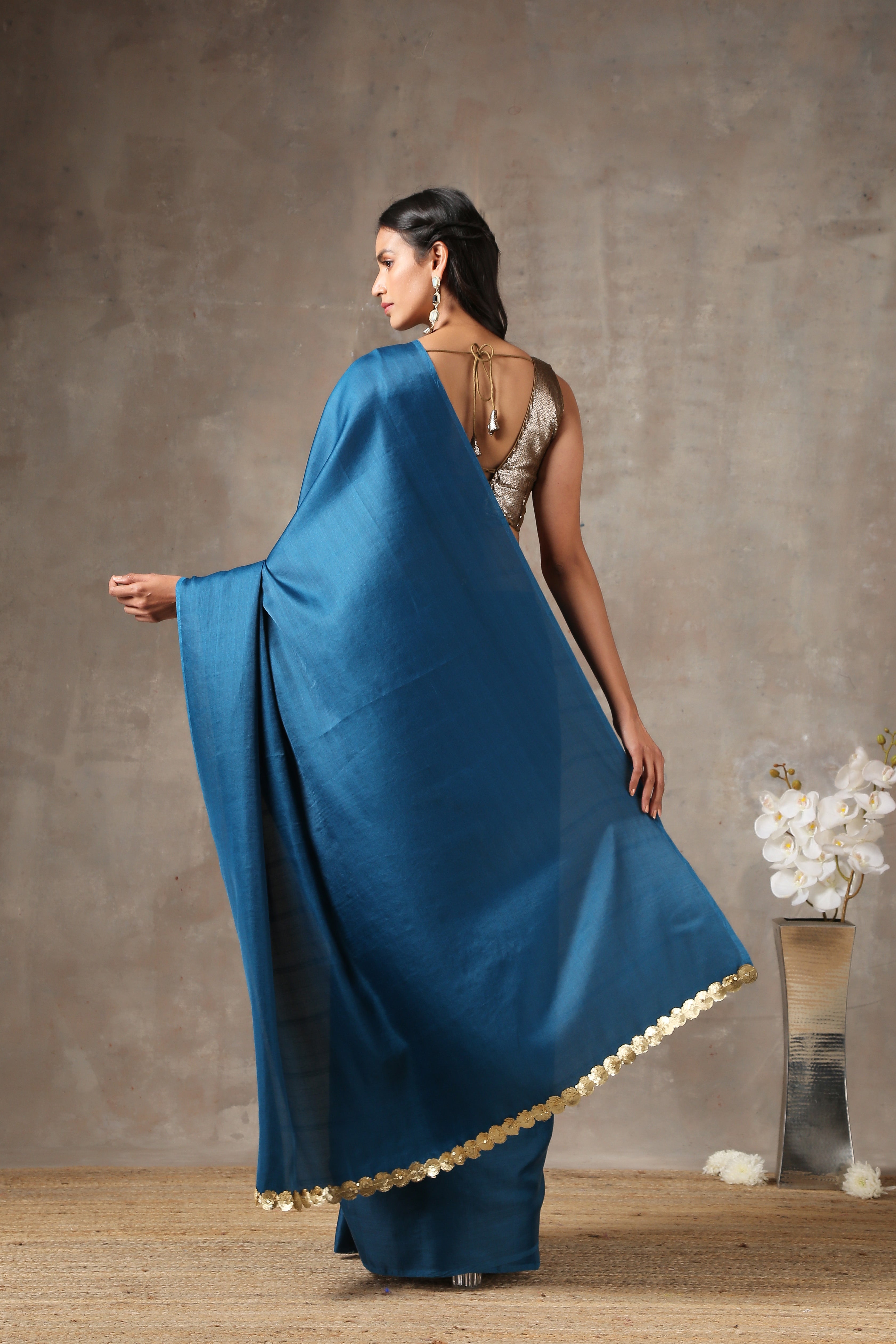 Royal navy saree with lace on edge — view 2