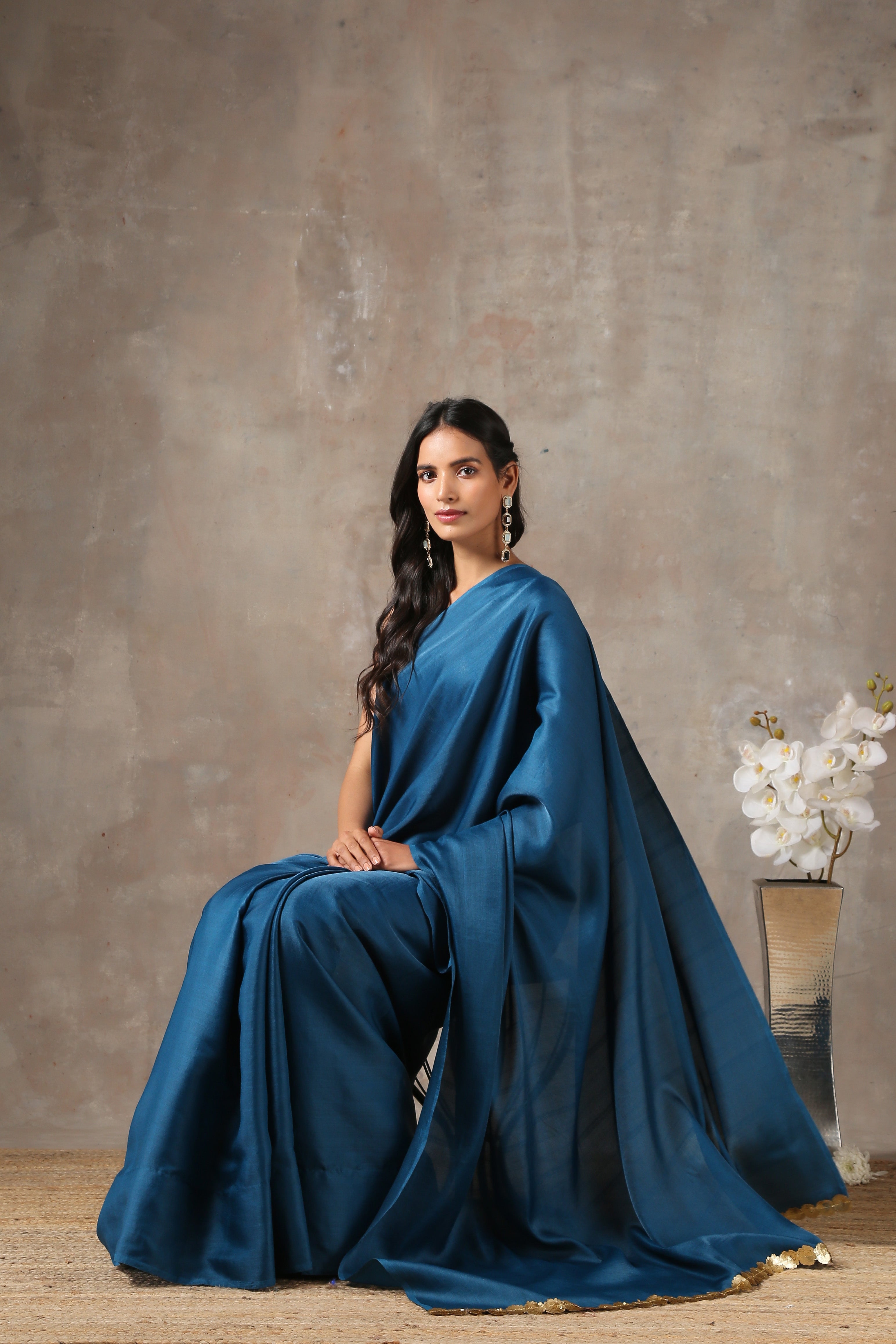 Royal navy saree with lace on edge