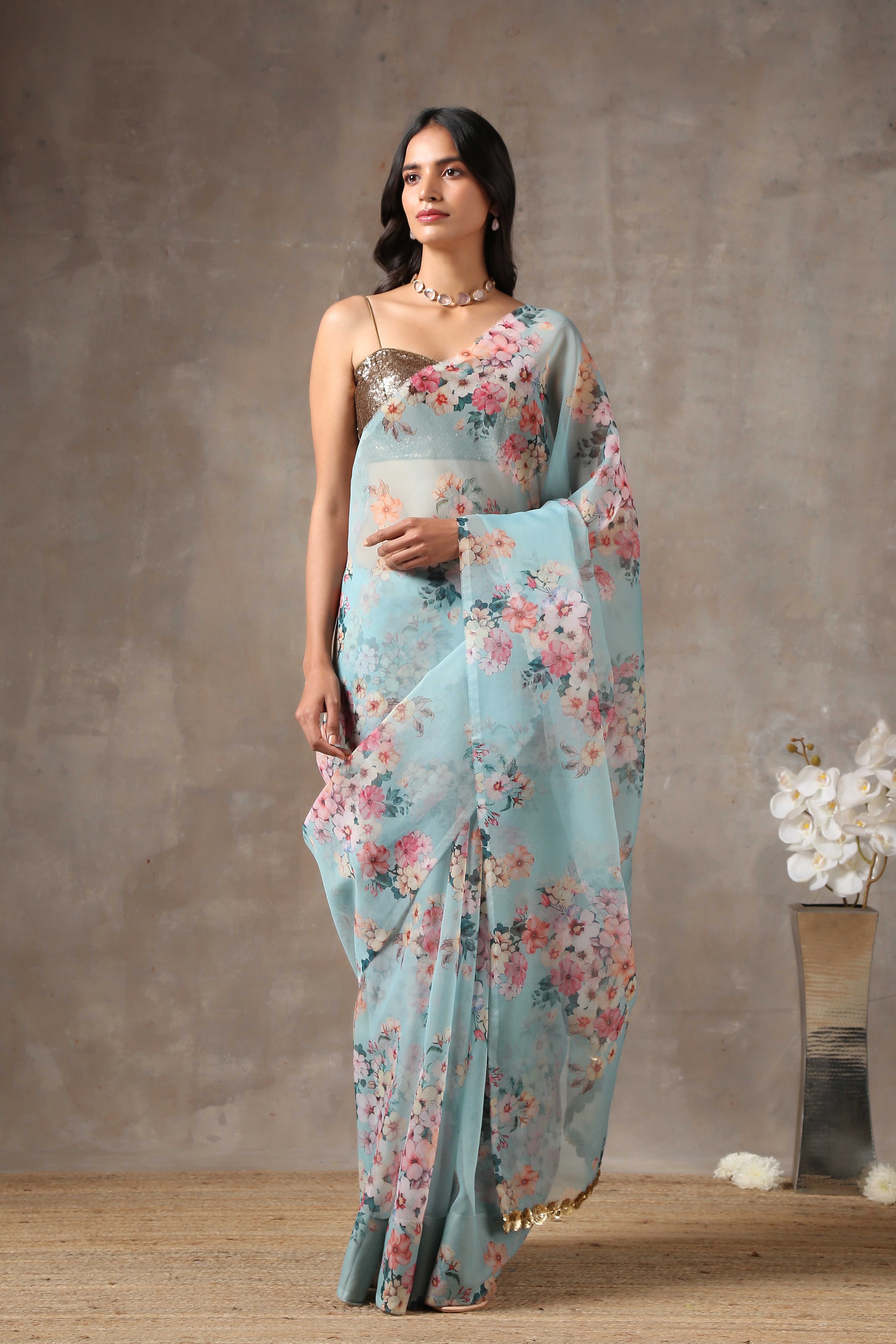 Spring bloom mint organza saree — view 4
