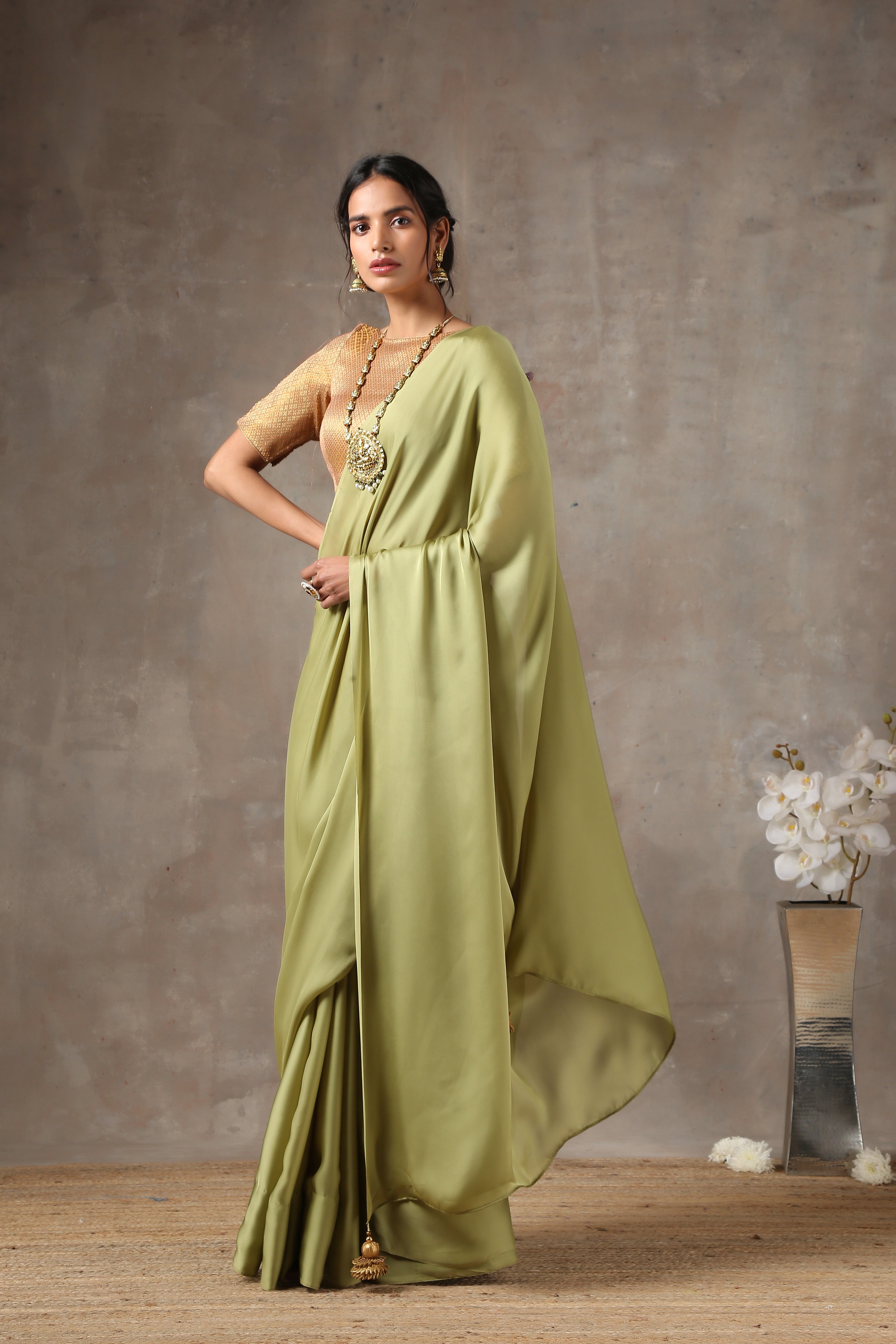 Sage angel satin saree with gold pendants — view 2