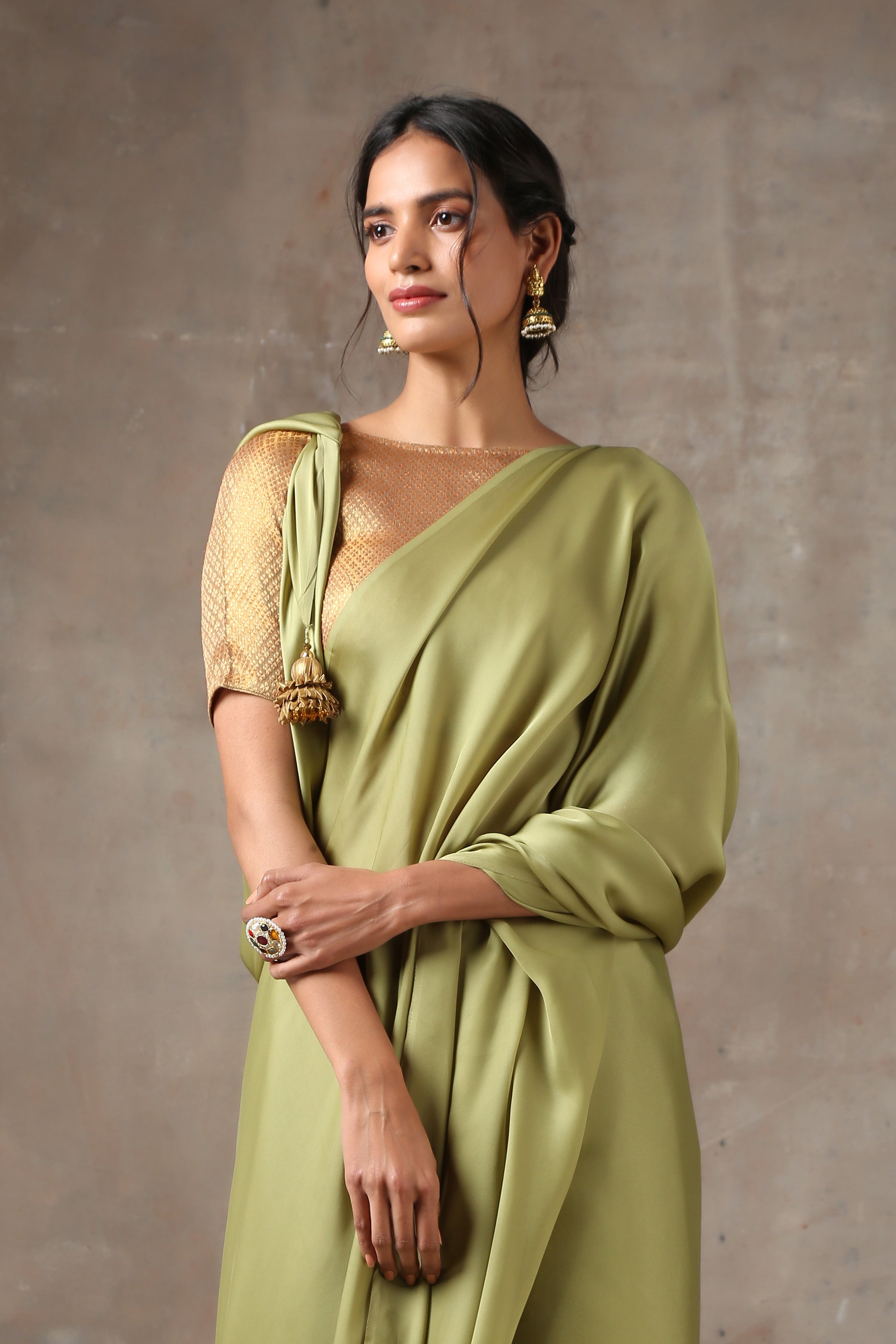 Sage angel satin saree with gold pendants — view 4