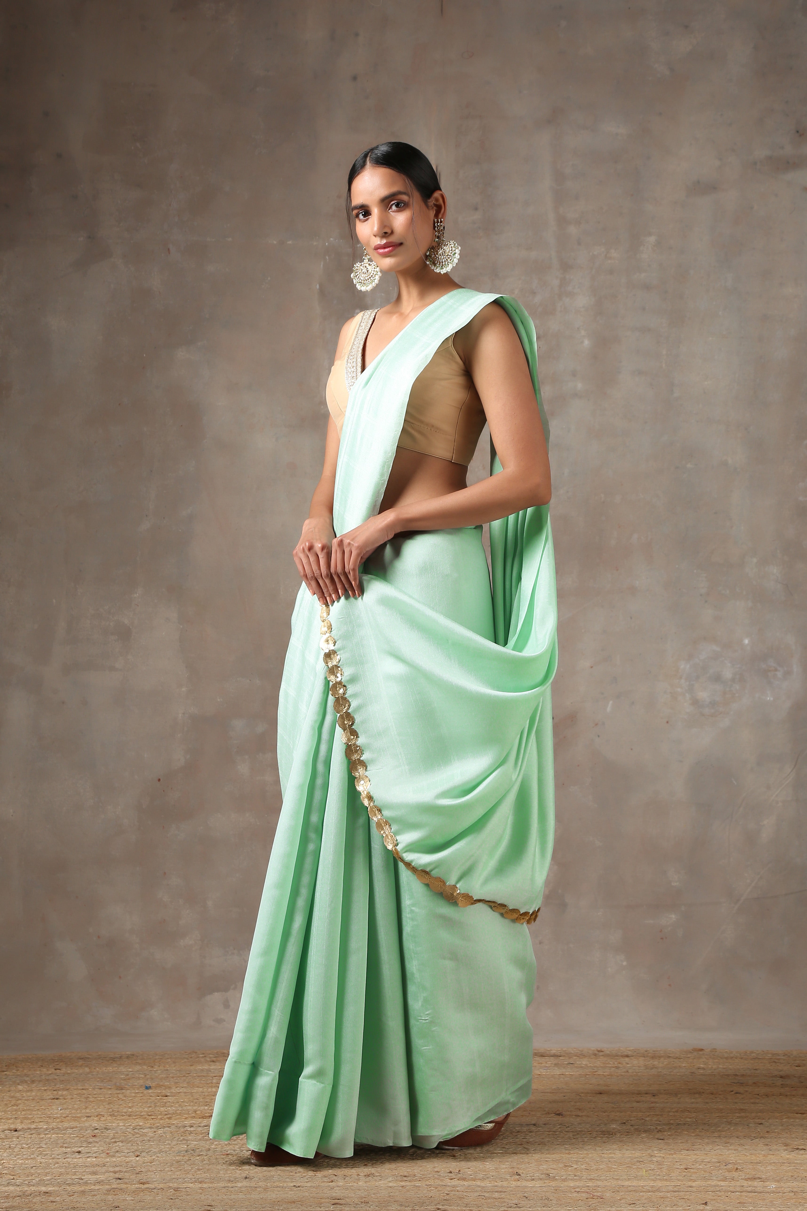 Mint bloom saree with lace on edge — view 2